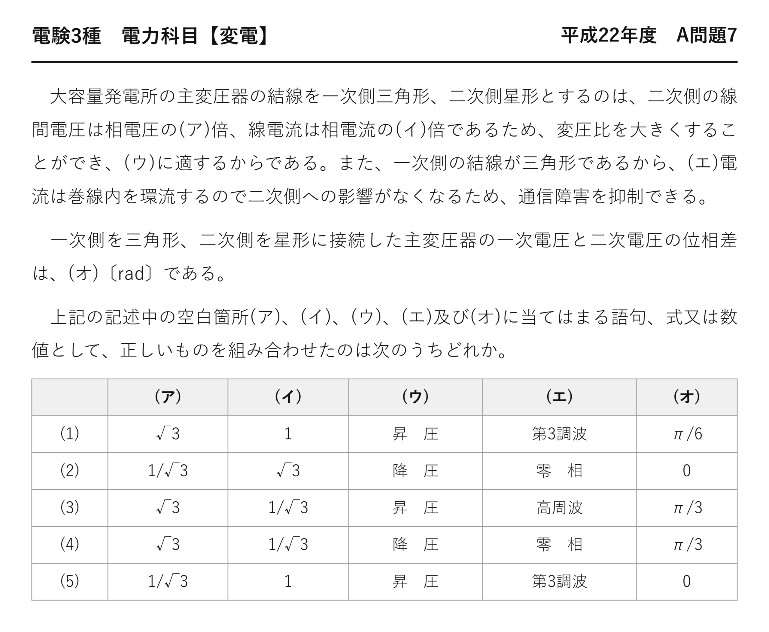 電験3種 電力科目 変電 平成22年度 A問題7 問題文