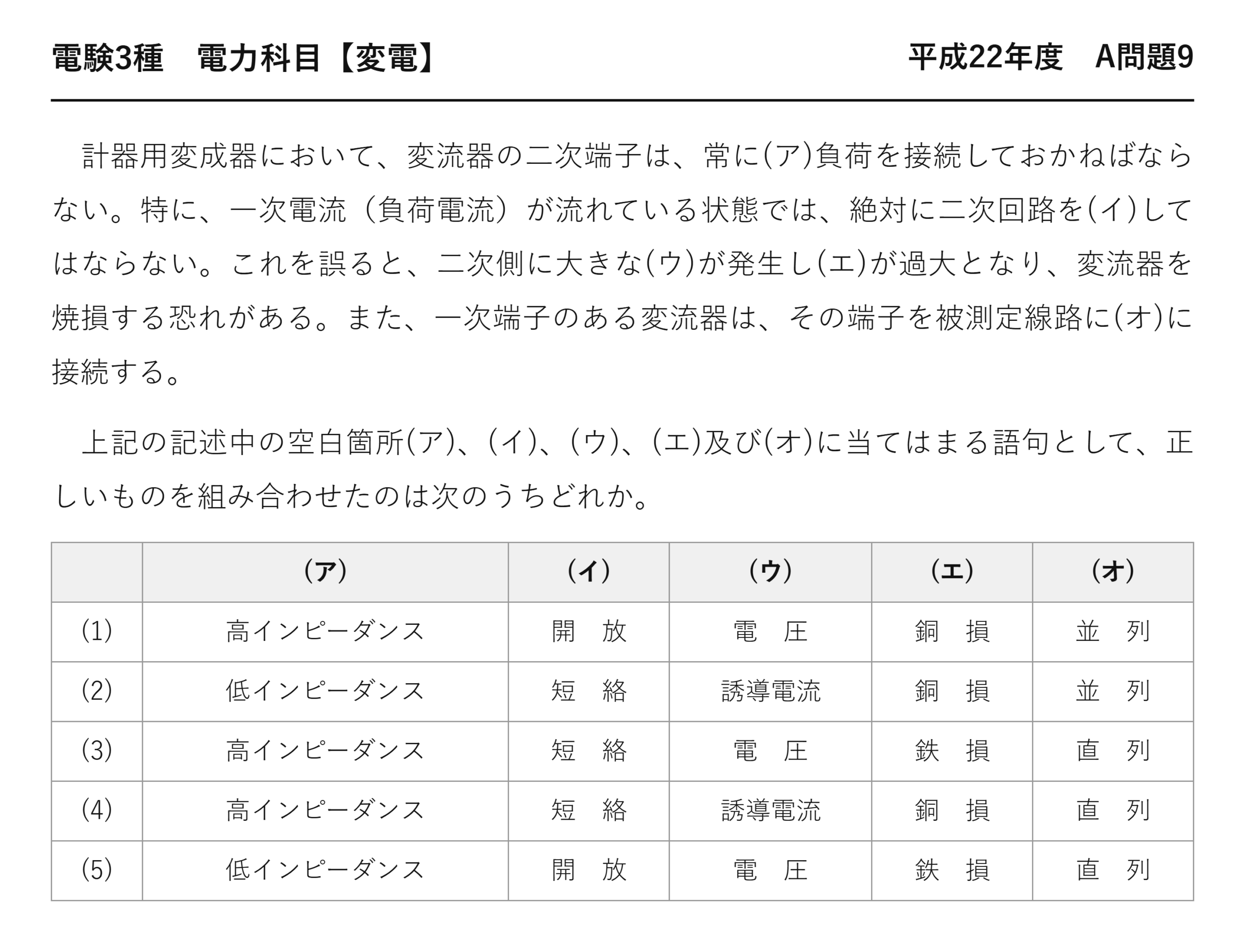 電験3種 電力科目 変電 平成22年度 A問題9 問題文