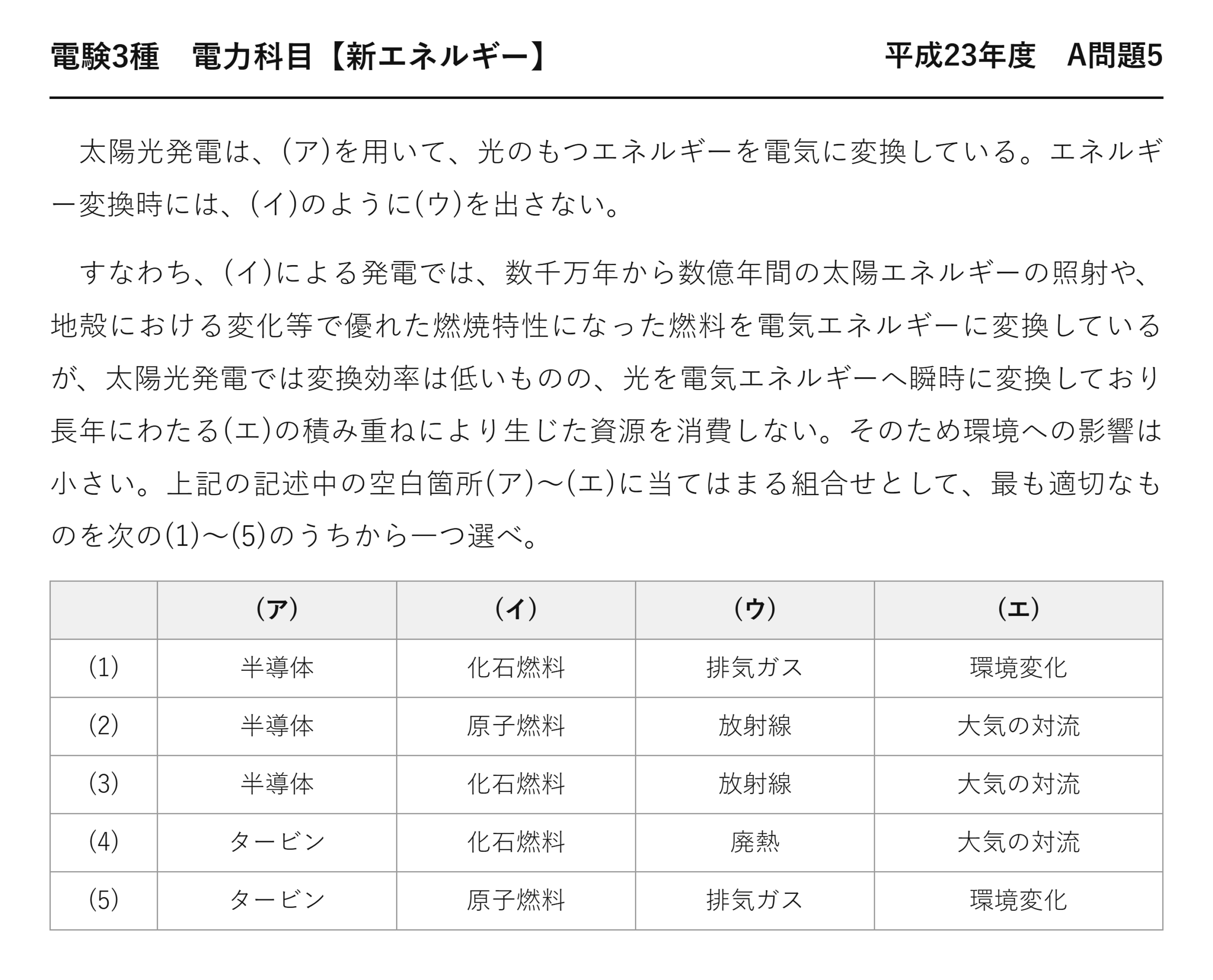 電験3種 電力科目 新エネルギー 平成23年度 A問題5 問題文