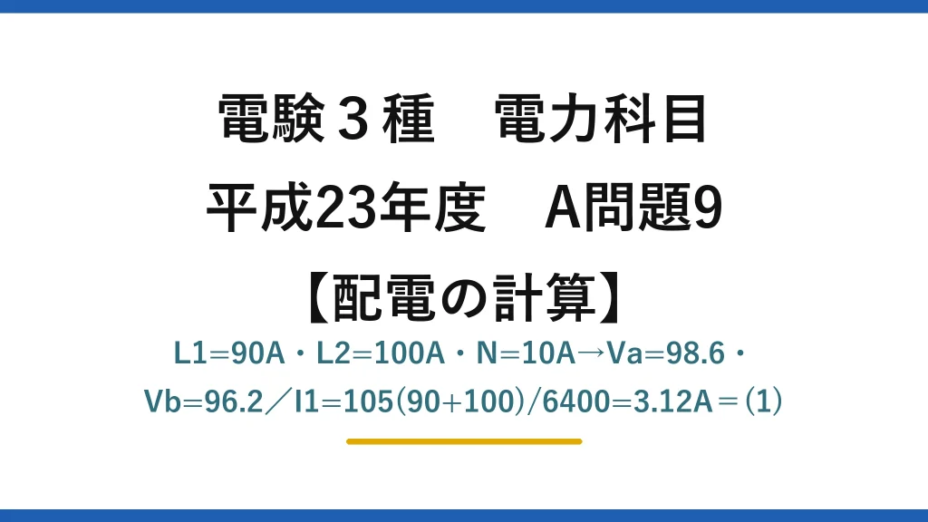 電験3種 電力科目【配電の計算】平成23年度 A問題9 L1=90A・L2=100A・N=10A→Va=98.6・Vb=96.2／I1=105(90+100)/6400=3.12A＝(1)