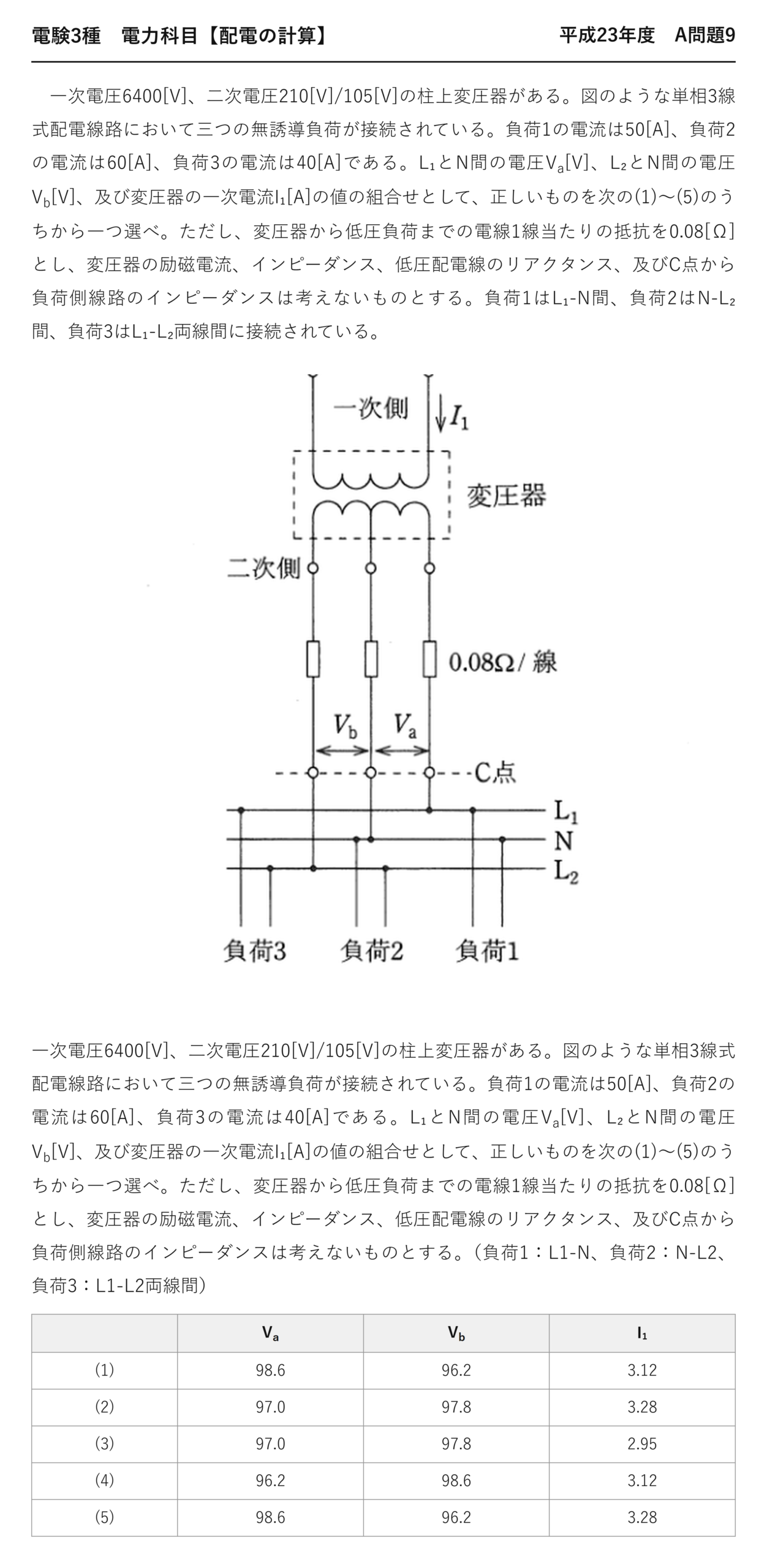 電験3種 電力科目 配電 平成23年度 A問題9 問題文