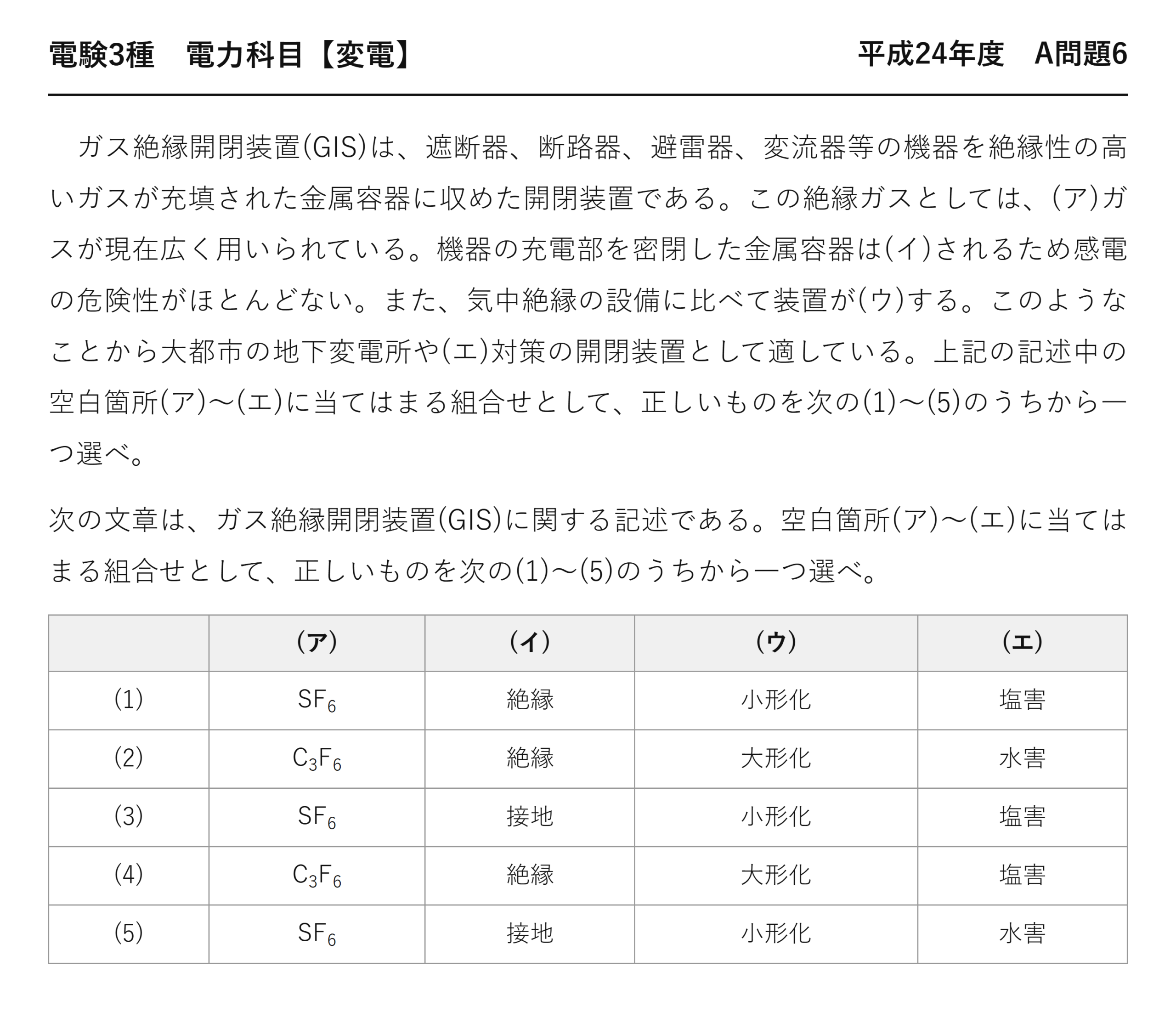 電験3種 電力科目 変電 平成24年度 A問題6 問題文