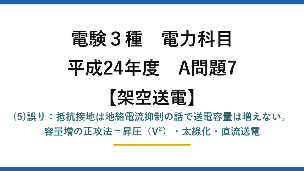 電験3種 電力科目【架空送電】平成24年度 A問題7 (5)誤り：抵抗接地は地絡電流抑制の話で送電容量は増えない。容量増の正攻法＝昇圧（V²）・太線化・直流送電