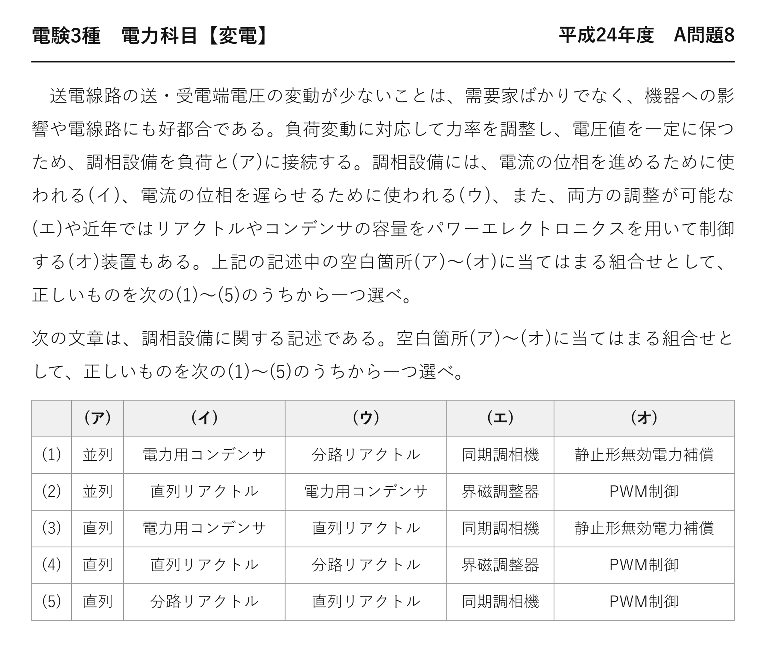 電験3種 電力科目 変電 平成24年度 A問題8 問題文