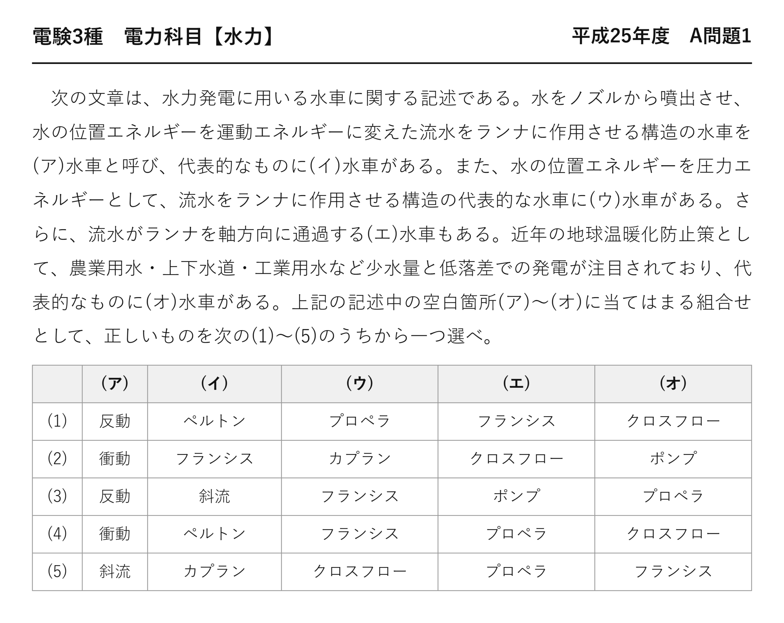電験3種 電力科目 水力 平成25年度 A問題1 問題文