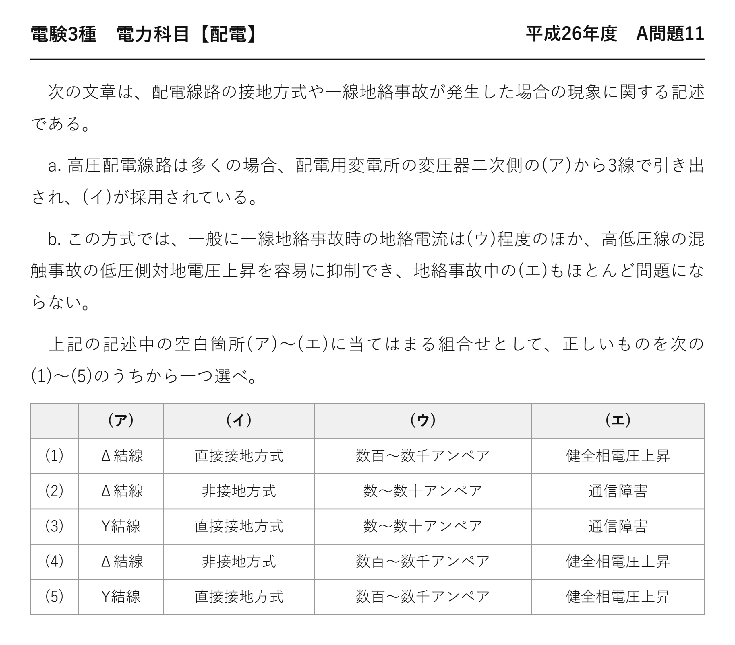 電験3種 電力科目 配電 平成26年度 A問題11 問題文