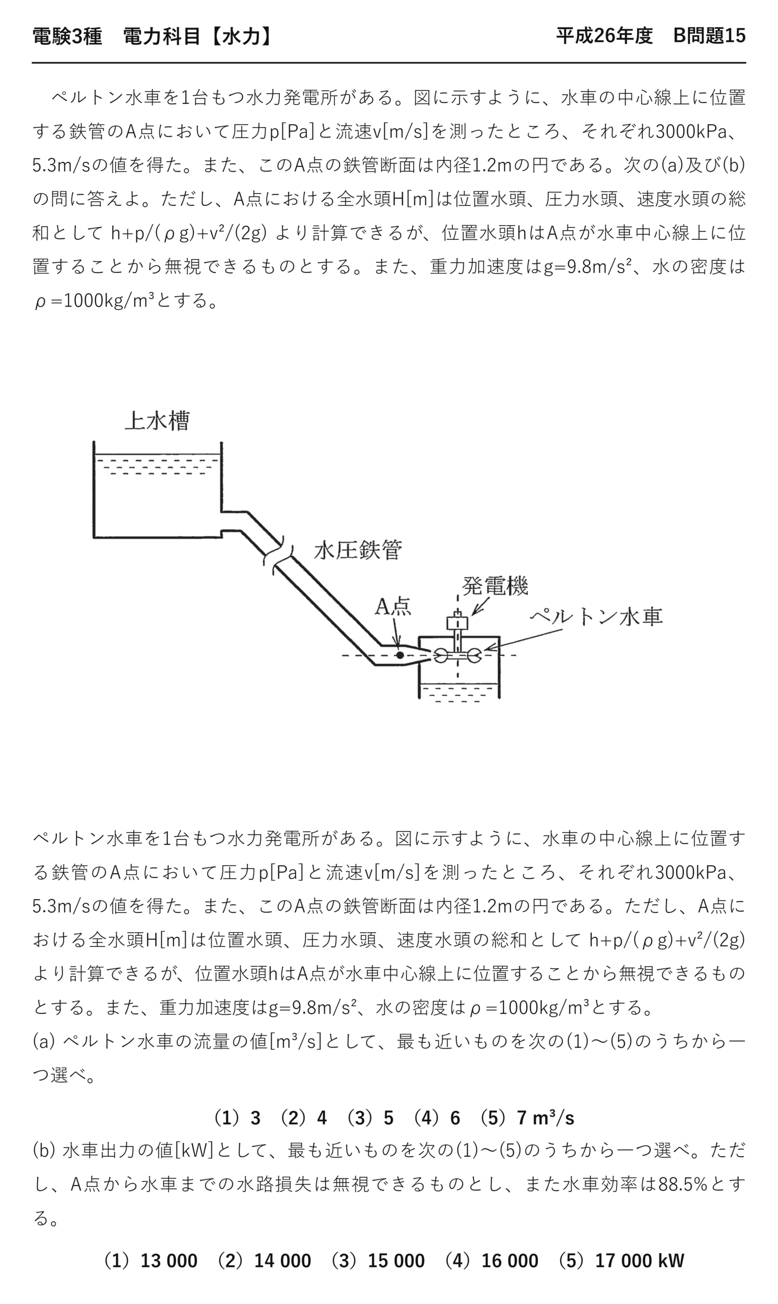 電験3種 電力科目 水力 平成26年度 B問題15 問題文