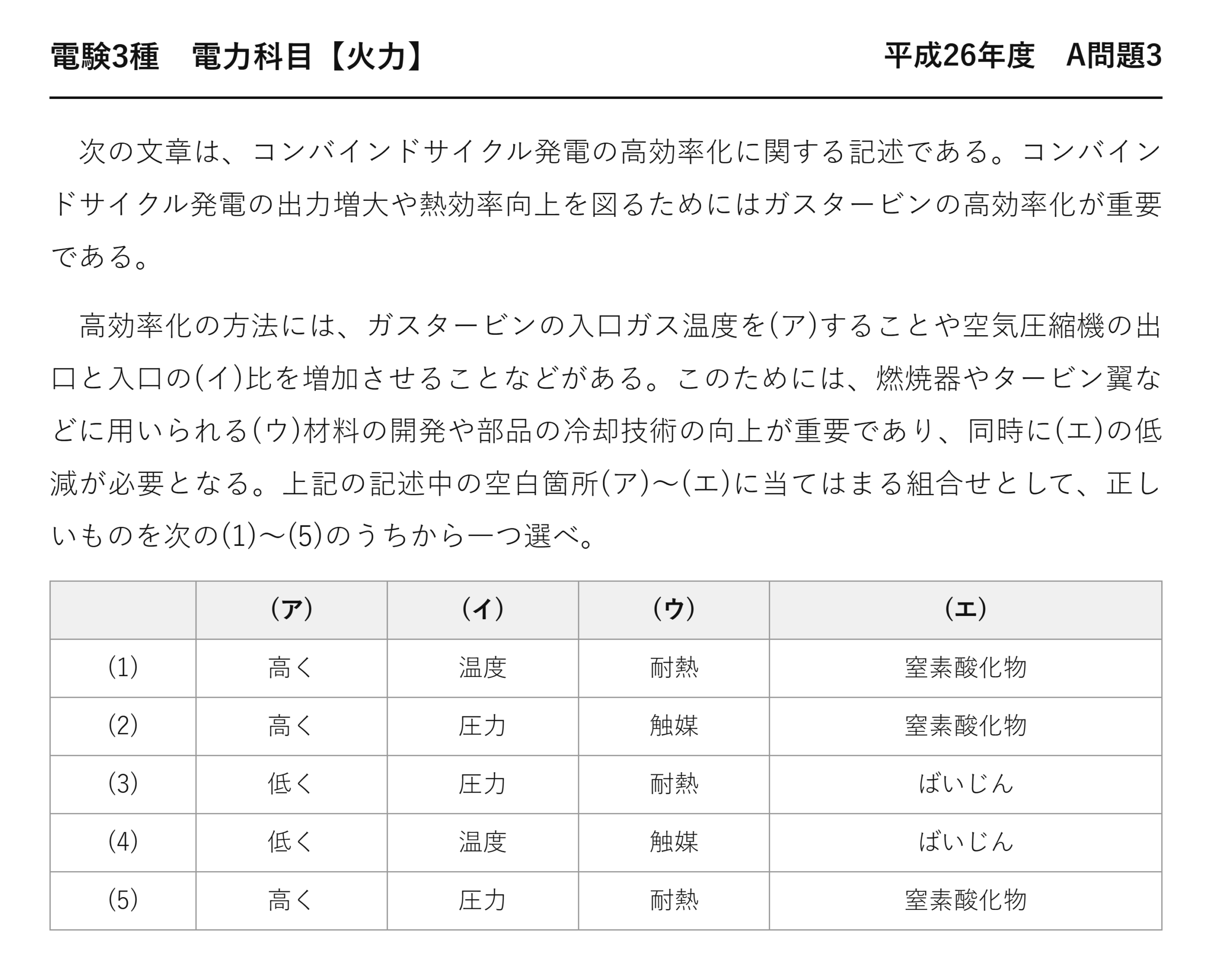 電験3種 電力科目 火力 平成26年度 A問題3 問題文