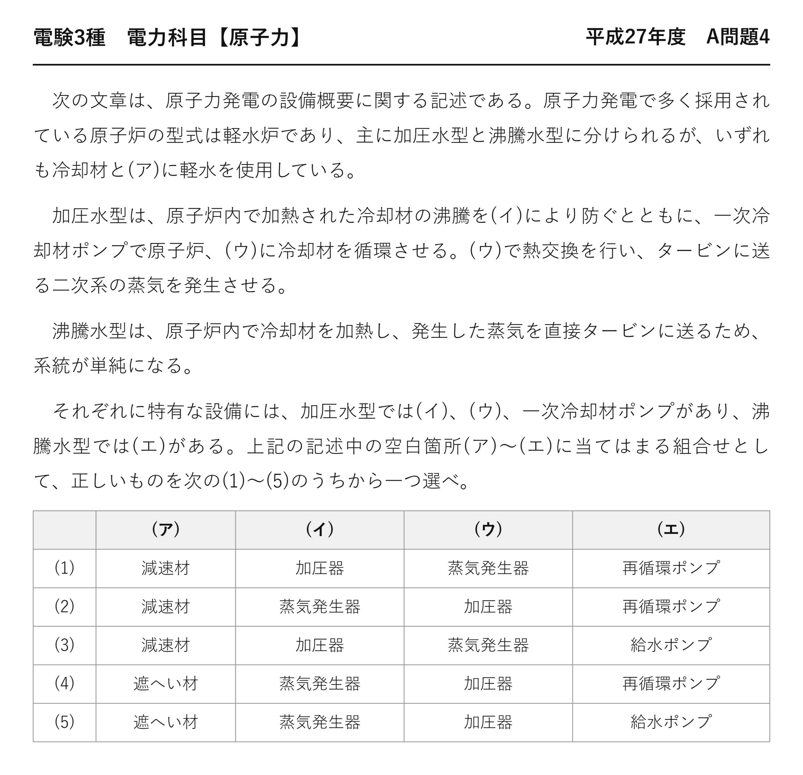 電験3種 電力科目 原子力 平成27年度 A問題4 問題文