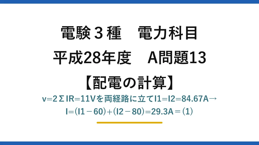 電験3種 電力科目【配電の計算】平成28年度 A問題13 v=2ΣIR=11Vを両経路に立てI1=I2=84.67A→I=(I1−60)+(I2−80)=29.3A＝(1)