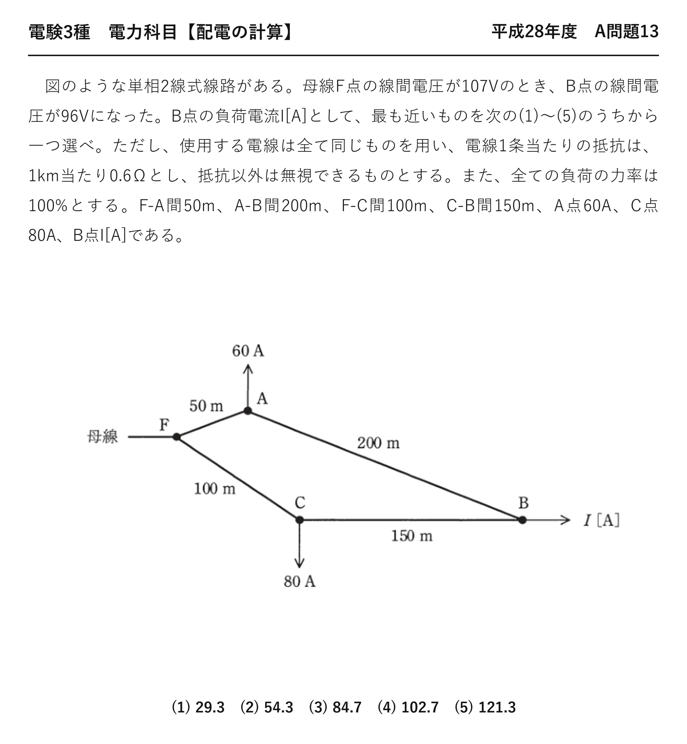電験3種 電力科目 配電 平成28年度 A問題13 問題文