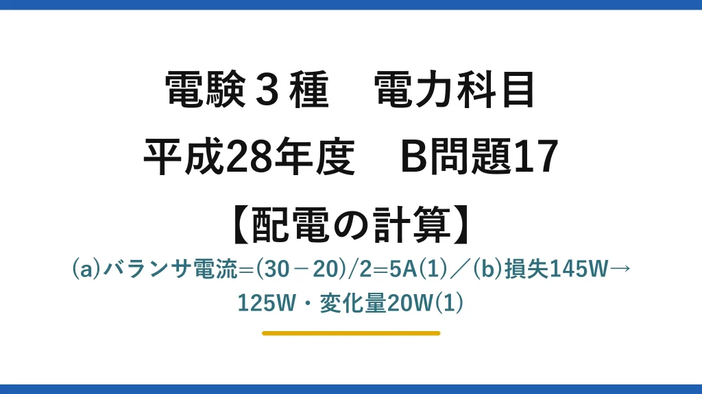 電験3種 電力科目【配電の計算】平成28年度 B問題17 (a)バランサ電流=(30−20)/2=5A(1)／(b)損失145W→125W・変化量20W(1)