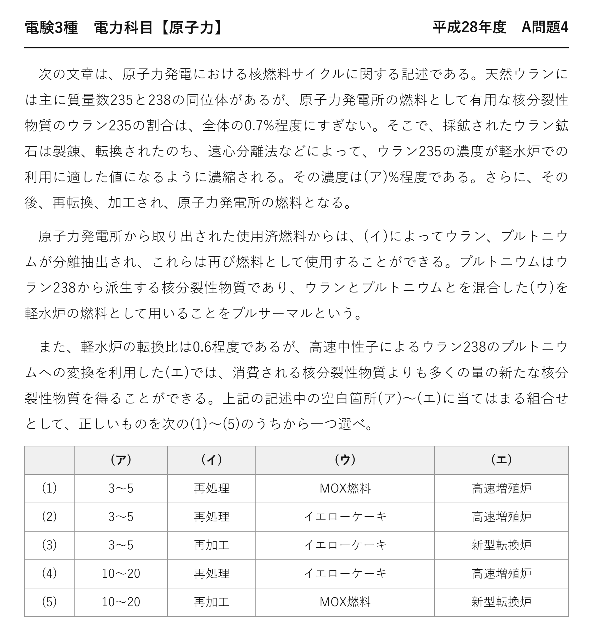 電験3種 電力科目 原子力 平成28年度 A問題4 問題文