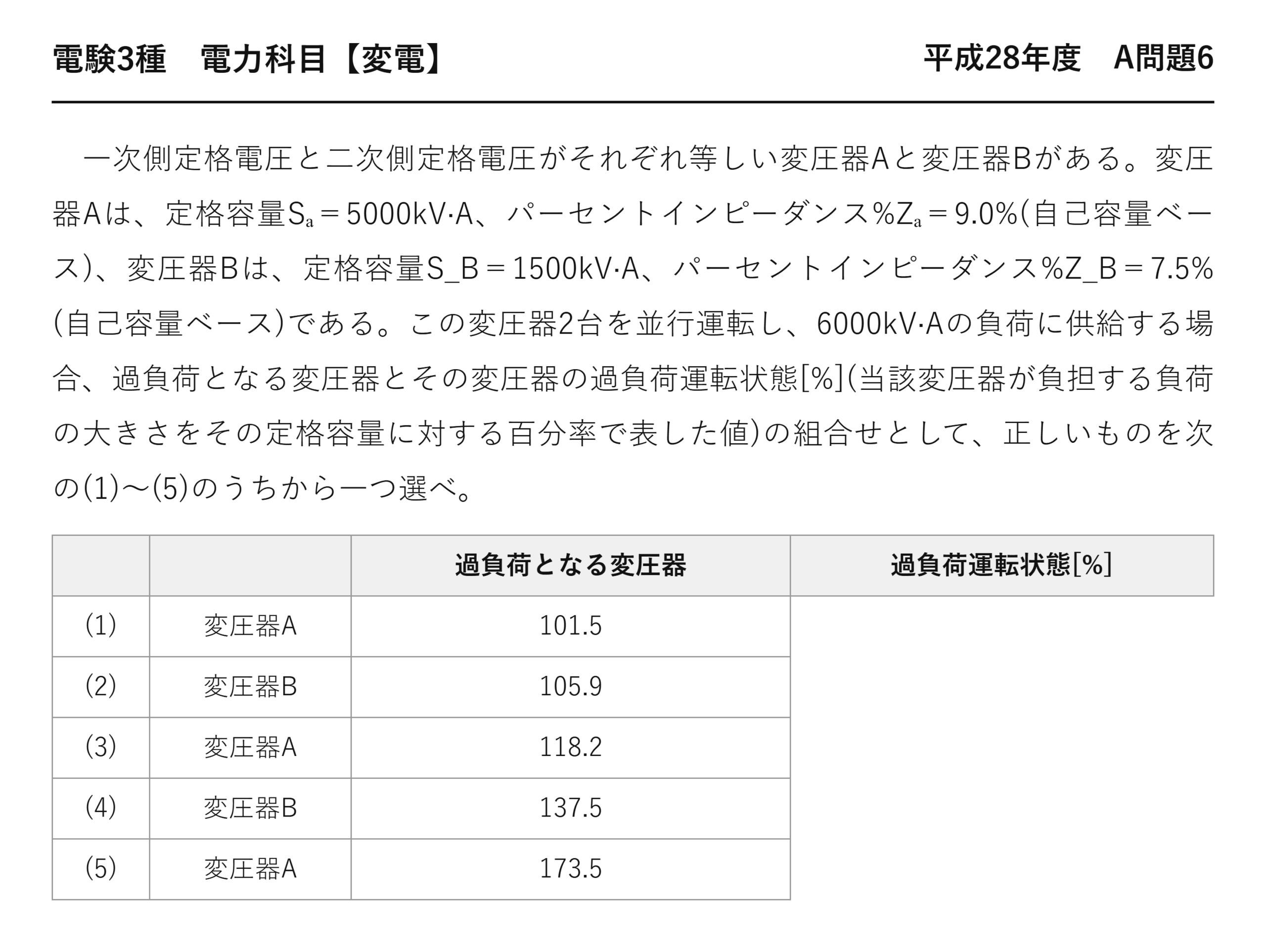 電験3種 電力科目 変電 平成28年度 A問題6 問題文