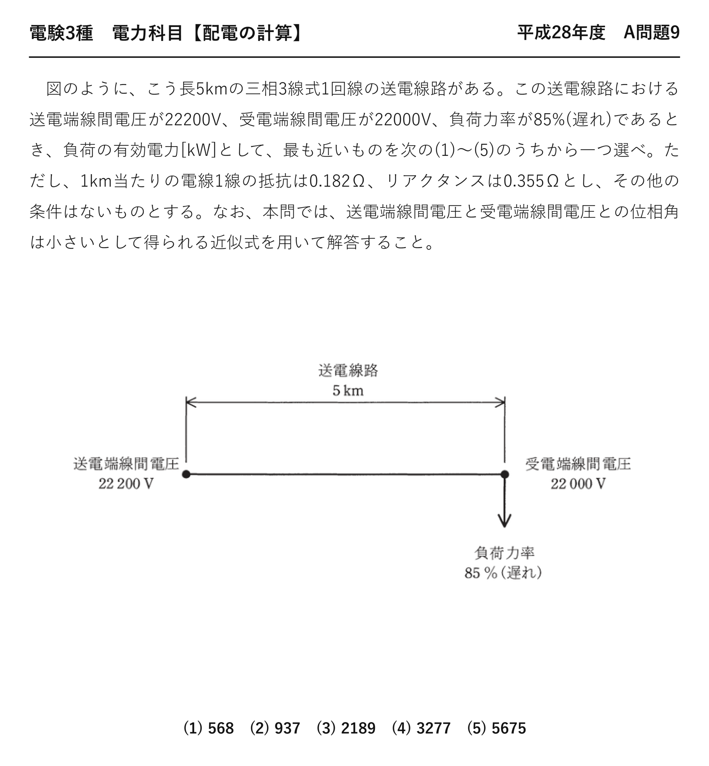 電験3種 電力科目 配電 平成28年度 A問題9 問題文