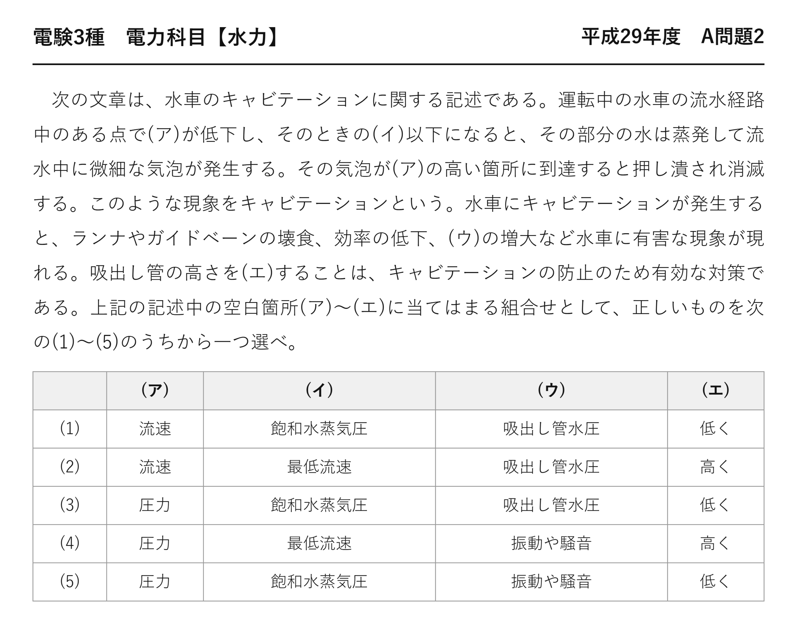 電験3種 電力科目 水力 平成29年度 A問題2 問題文