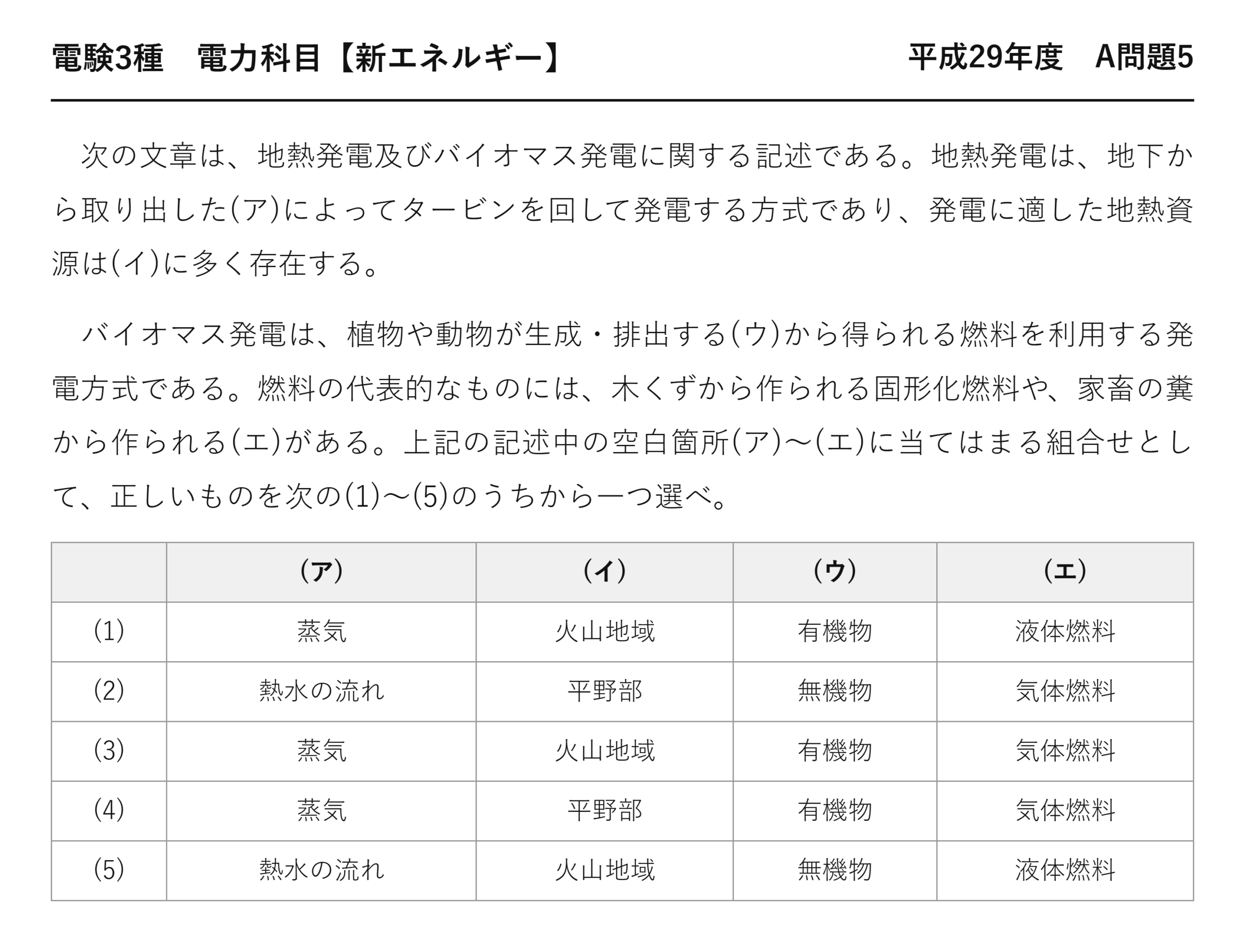 電験3種 電力科目 新エネルギー 平成29年度 A問題5 問題文