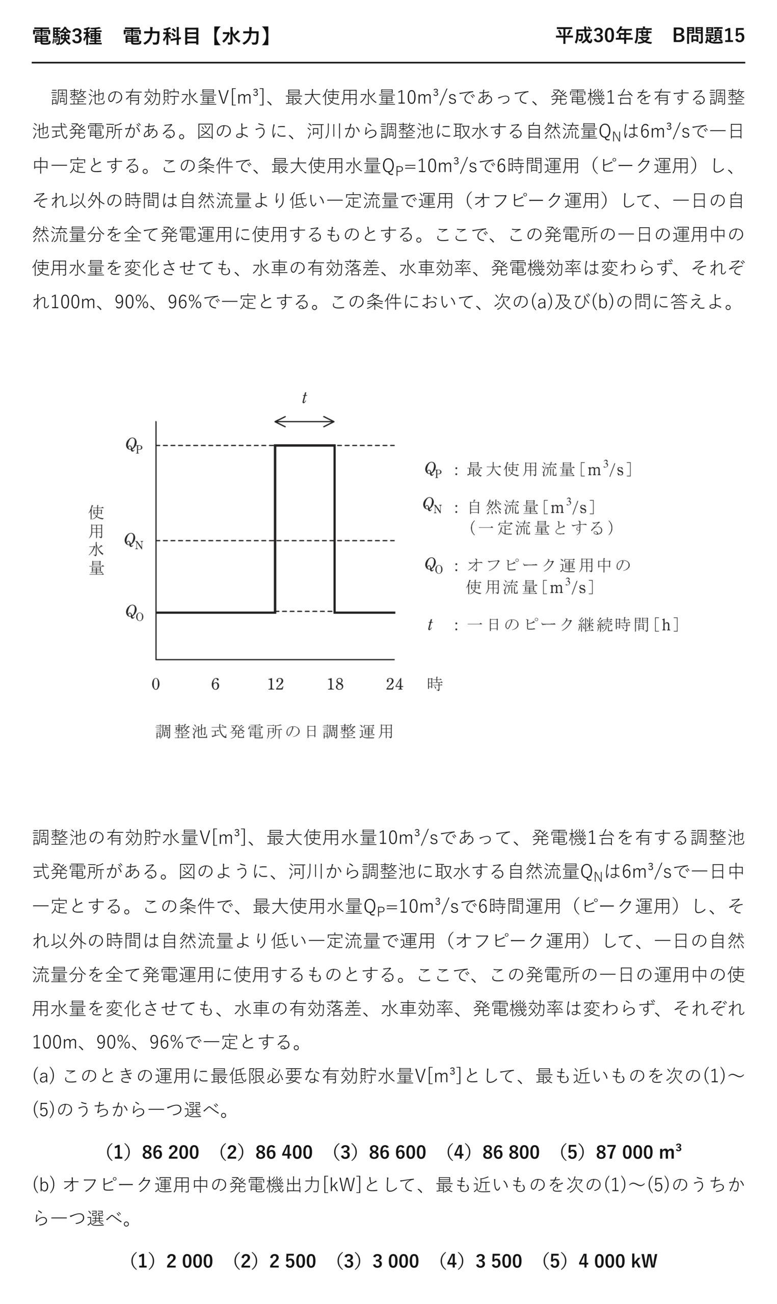 電験3種 電力科目 水力 平成30年度 B問題15 問題文