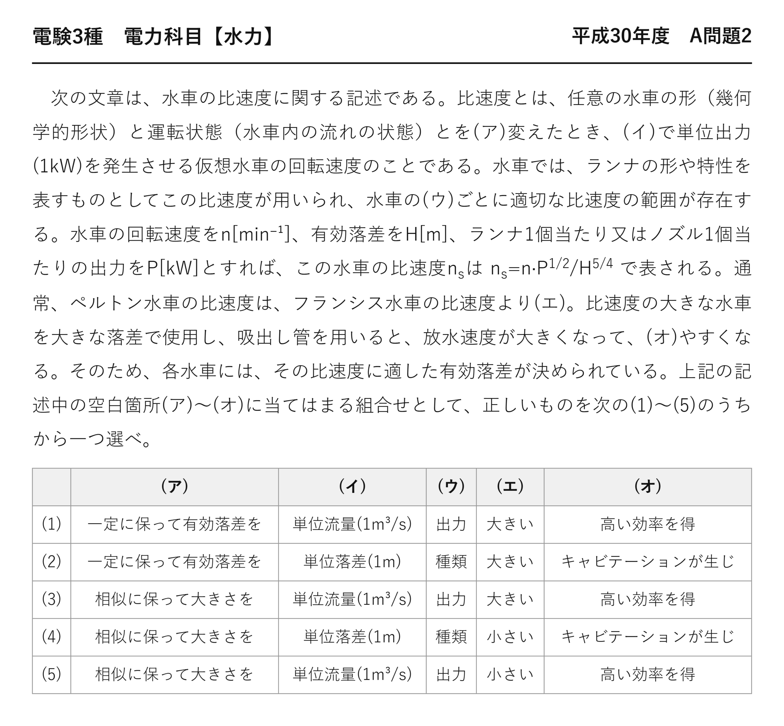 電験3種 電力科目 水力 平成30年度 A問題2 問題文