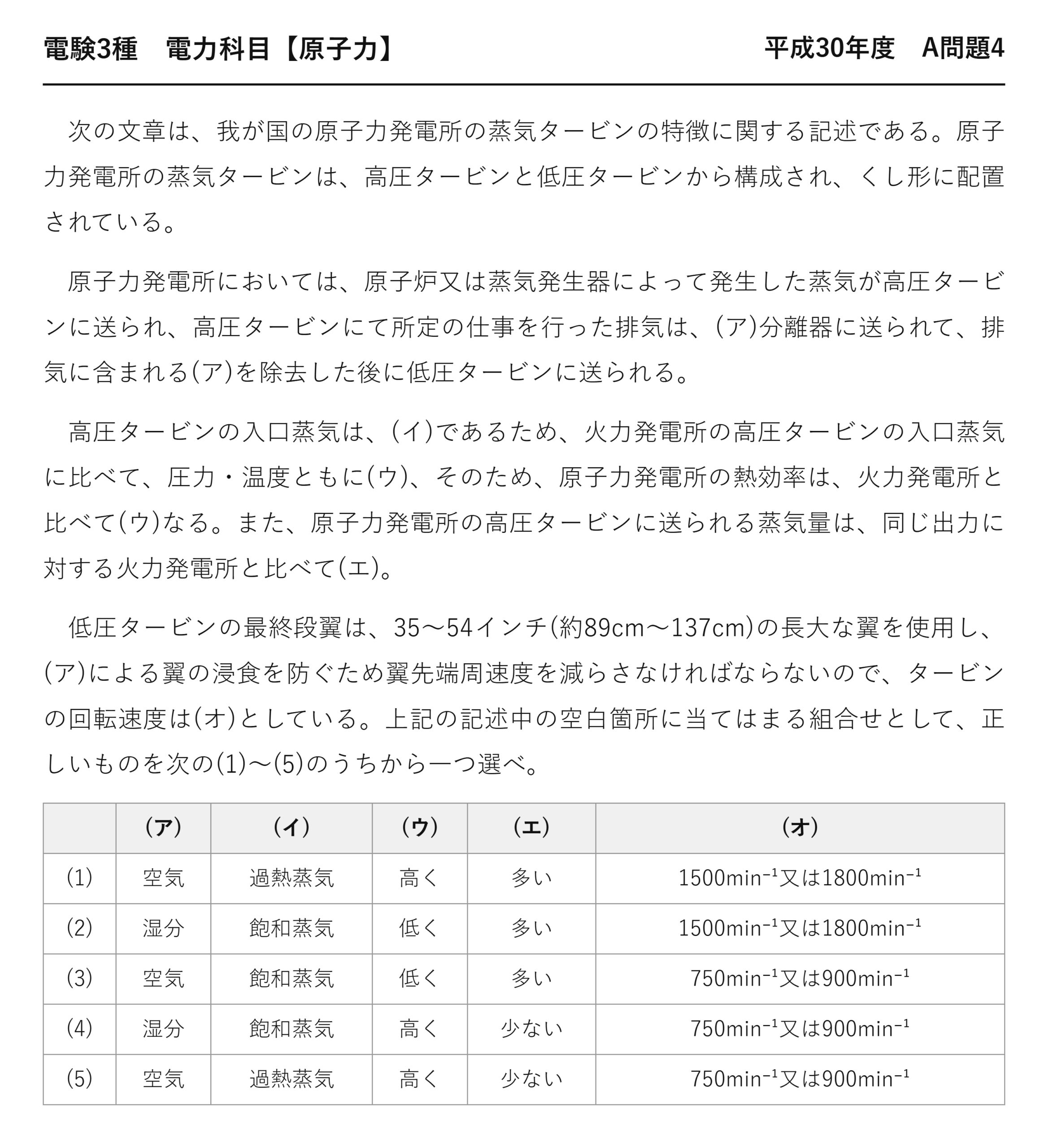 電験3種 電力科目 原子力 平成30年度 A問題4 問題文