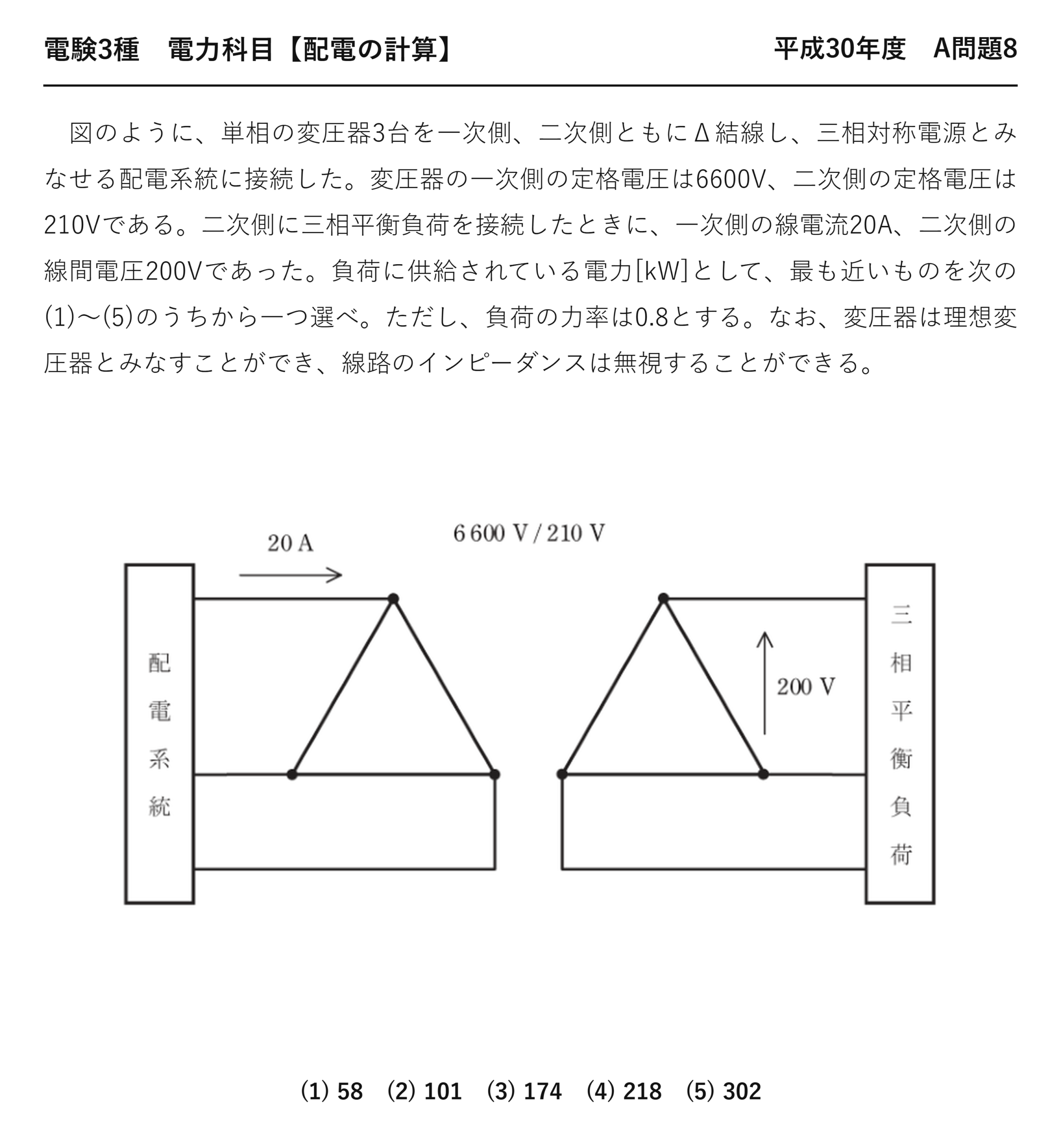 電験3種 電力科目 配電 平成30年度 A問題8 問題文