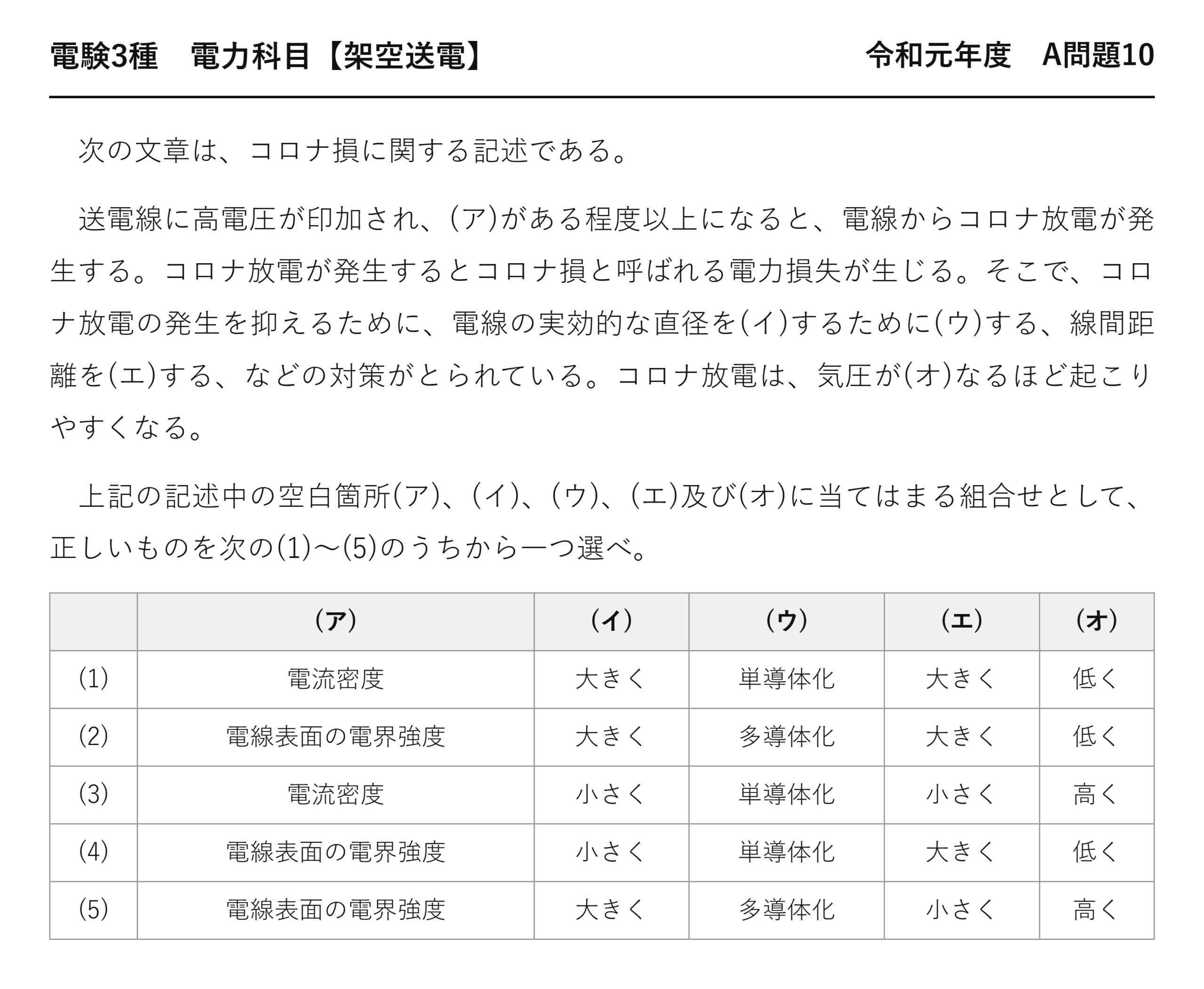 電験3種 電力科目 架空送電 令和元年度 A問題10 問題文