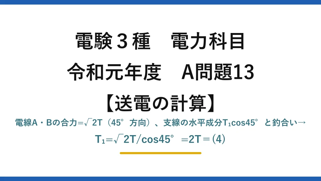 電験3種 電力科目【送電の計算】令和元年度 A問題13 電線A・Bの合力=√2T（45°方向）、支線の水平成分T₁cos45°と釣合い→T₁=√2T/cos45°=2T＝(4)