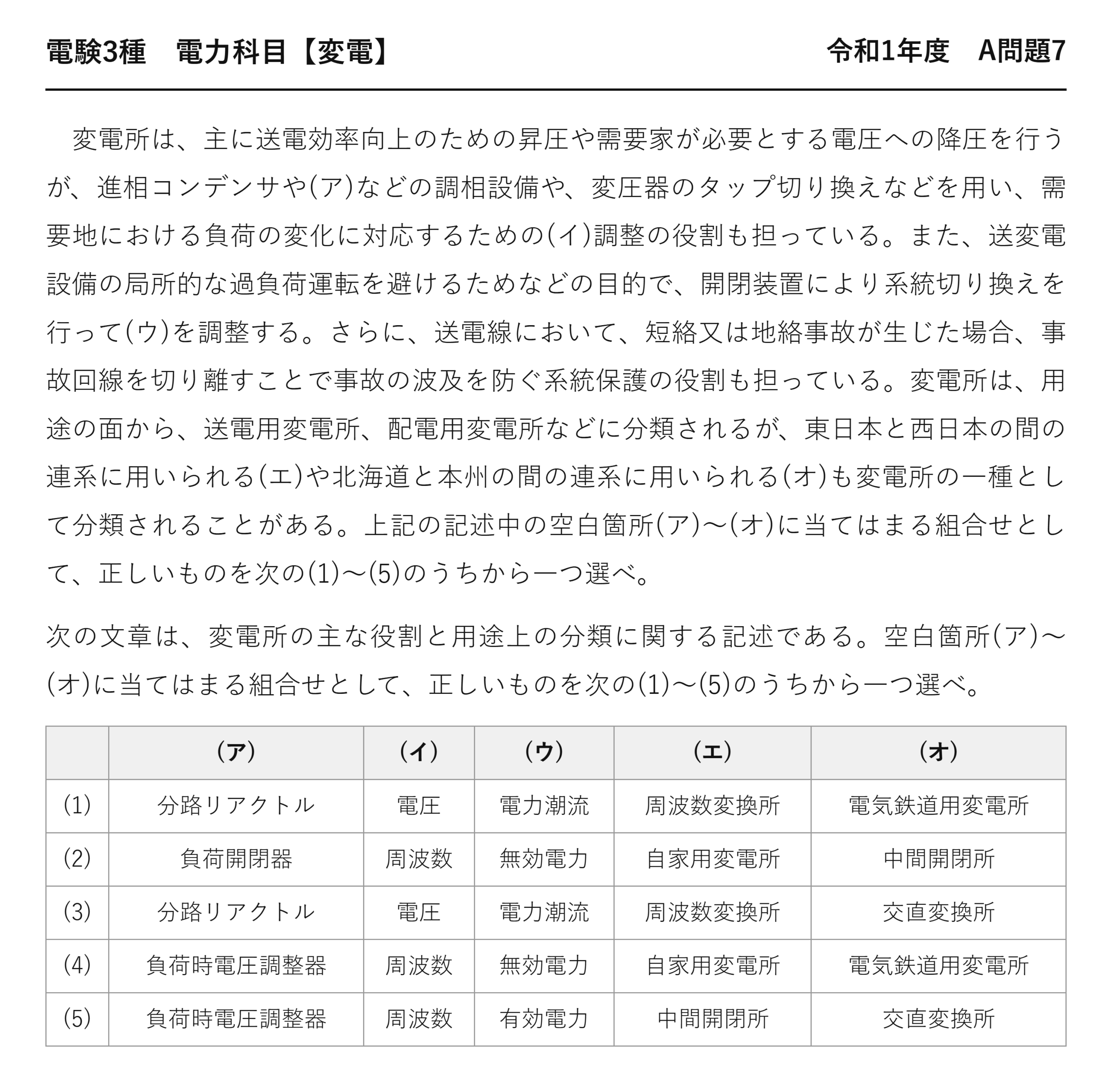 電験3種 電力科目 変電 令和1年度 A問題7 問題文