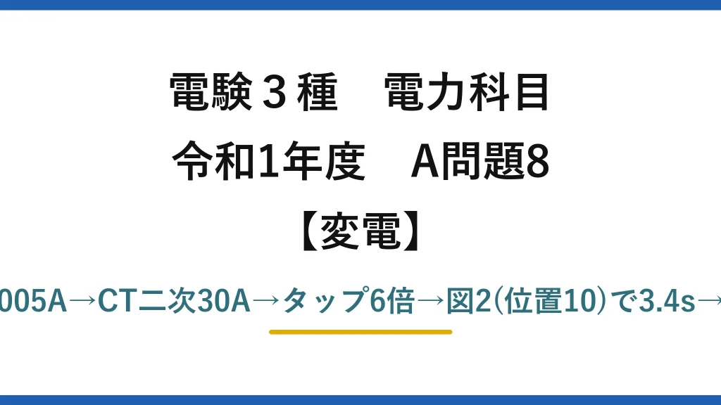 電験3種 電力科目【変電】令和1年度 A問題8 %Z合成14.57%→短絡電流6005A→CT二次30A→タップ6倍→図2(位置10)で3.4s→位置1は×1/10=0.34s→(2)