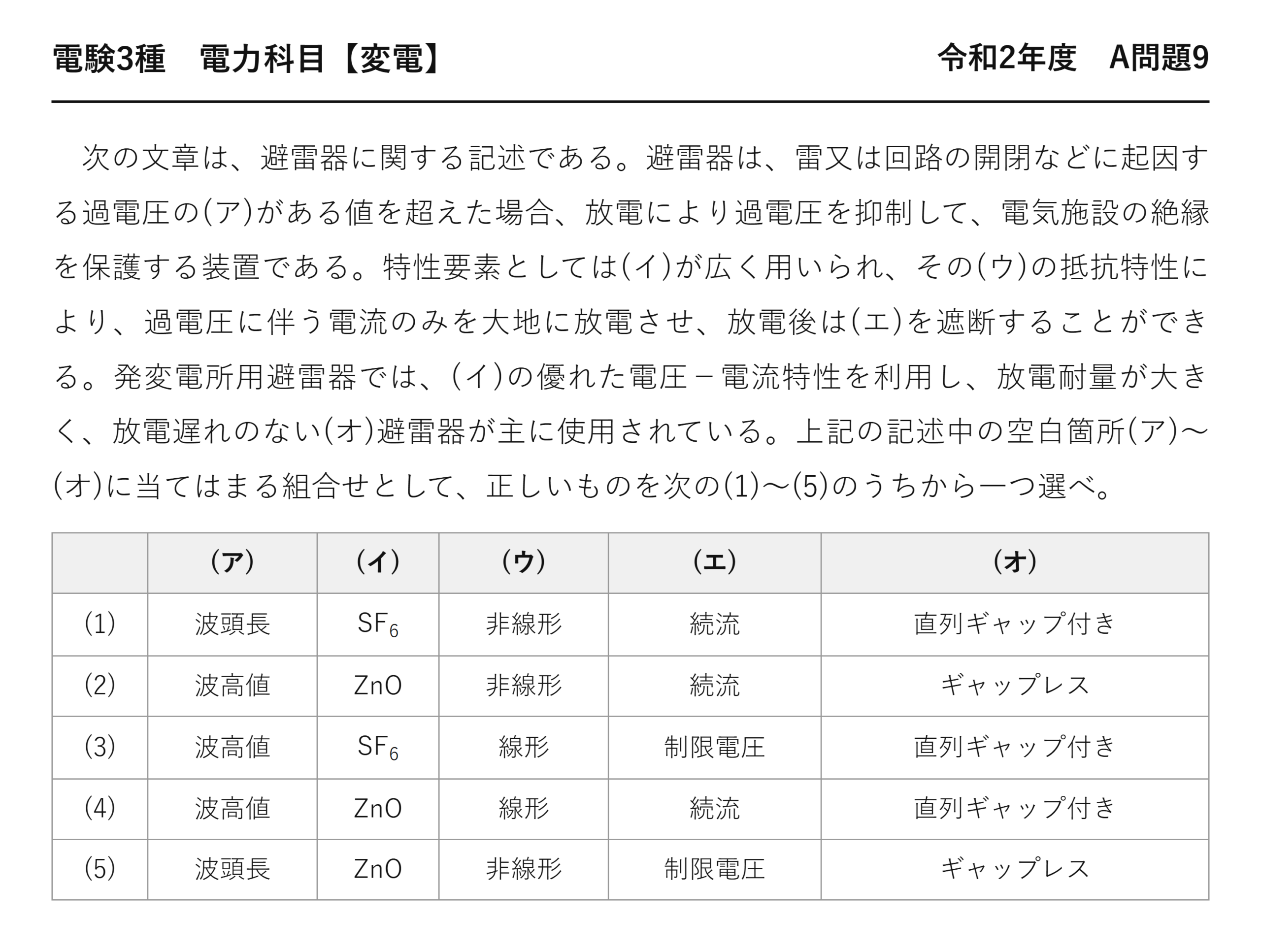 電験3種 電力科目 変電 令和2年度 A問題9 問題文