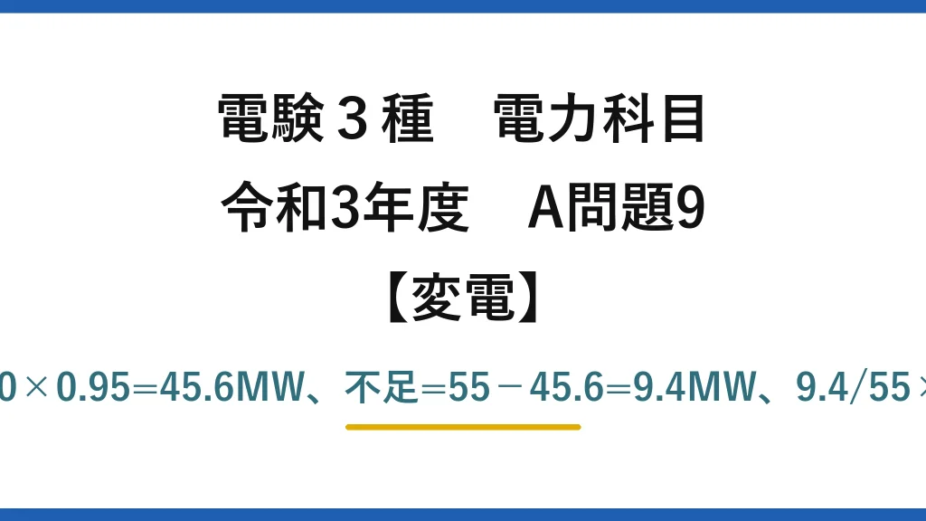 電験3種 電力科目【変電】令和3年度 A問題9 残2台=2×20×1.20×0.95=45.6MW、不足=55−45.6=9.4MW、9.4/55×100≒17.1%→(4)