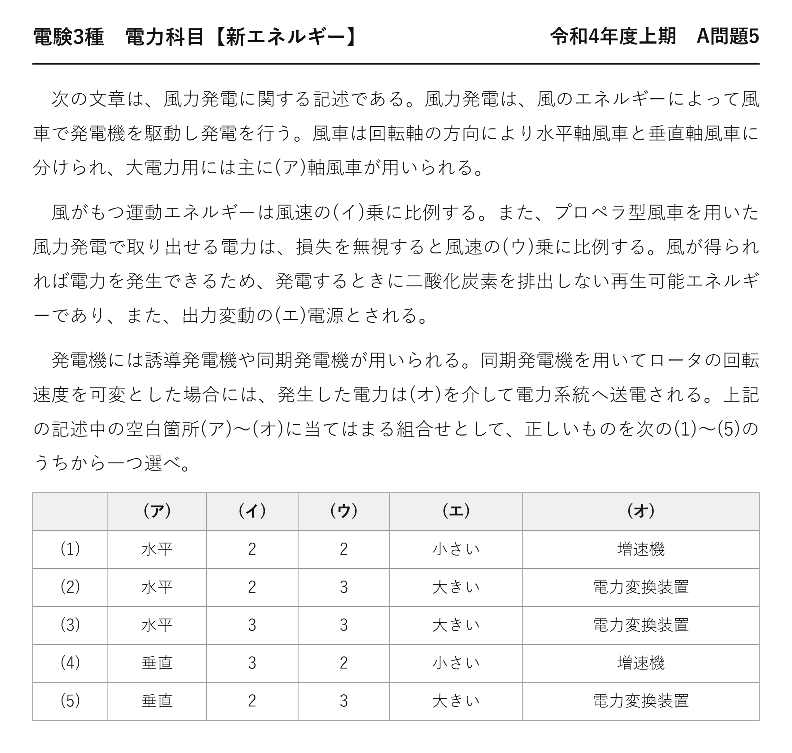 電験3種 電力科目 新エネルギー 令和4年度上期 A問題5 問題文