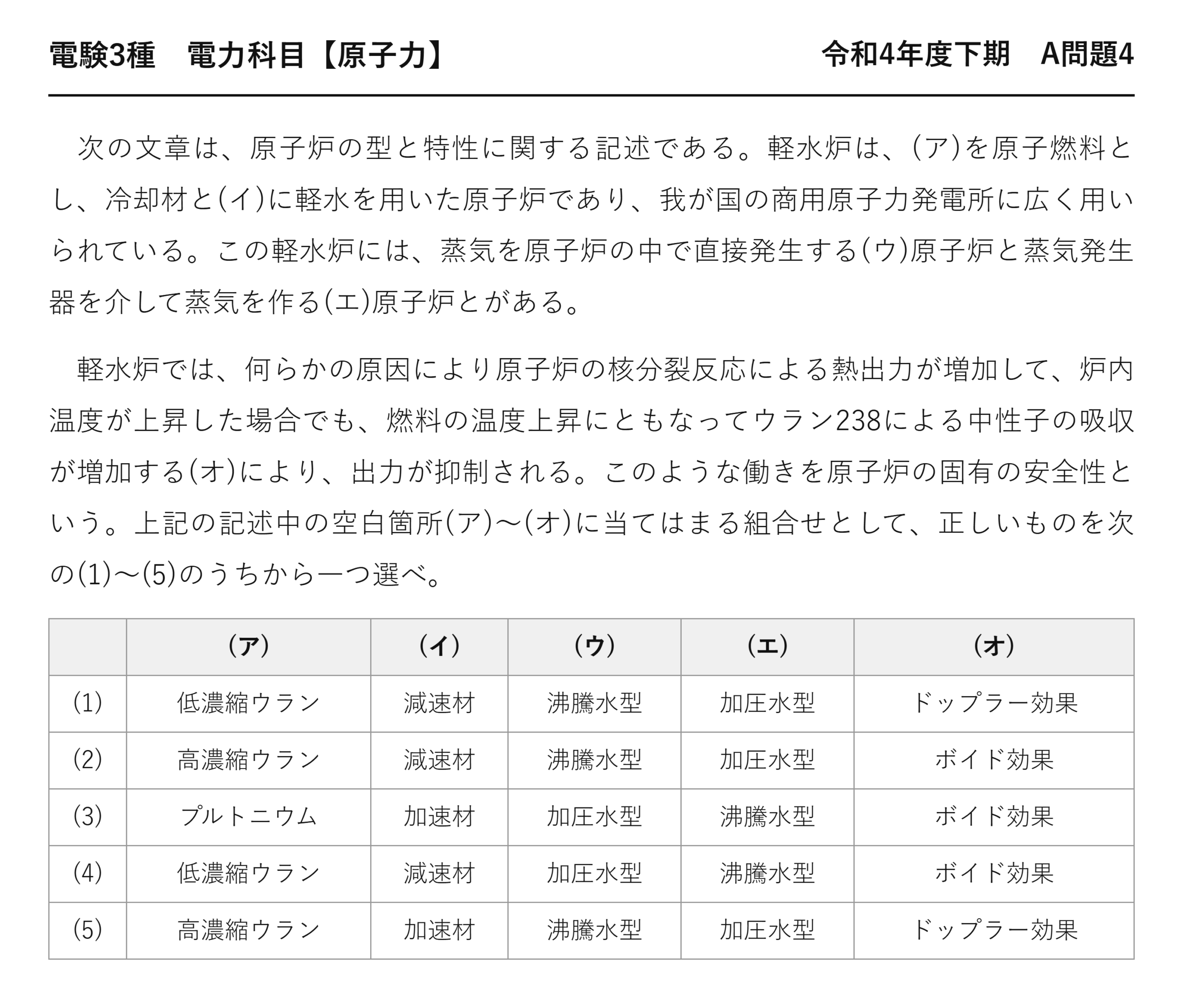 電験3種 電力科目 原子力 令和4年度下期 A問題4 問題文