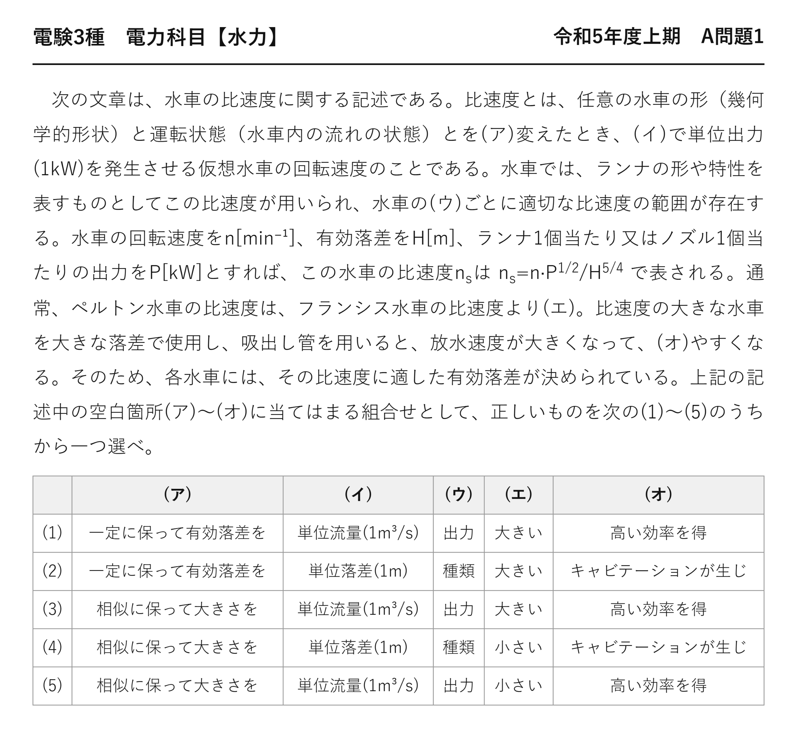 電験3種 電力科目 水力 令和5年度上期 A問題1 問題文