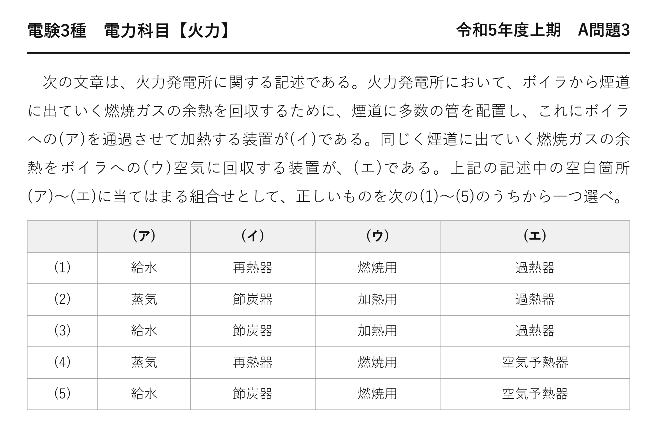 電験3種 電力科目 火力 令和5年度上期 A問題3 問題文