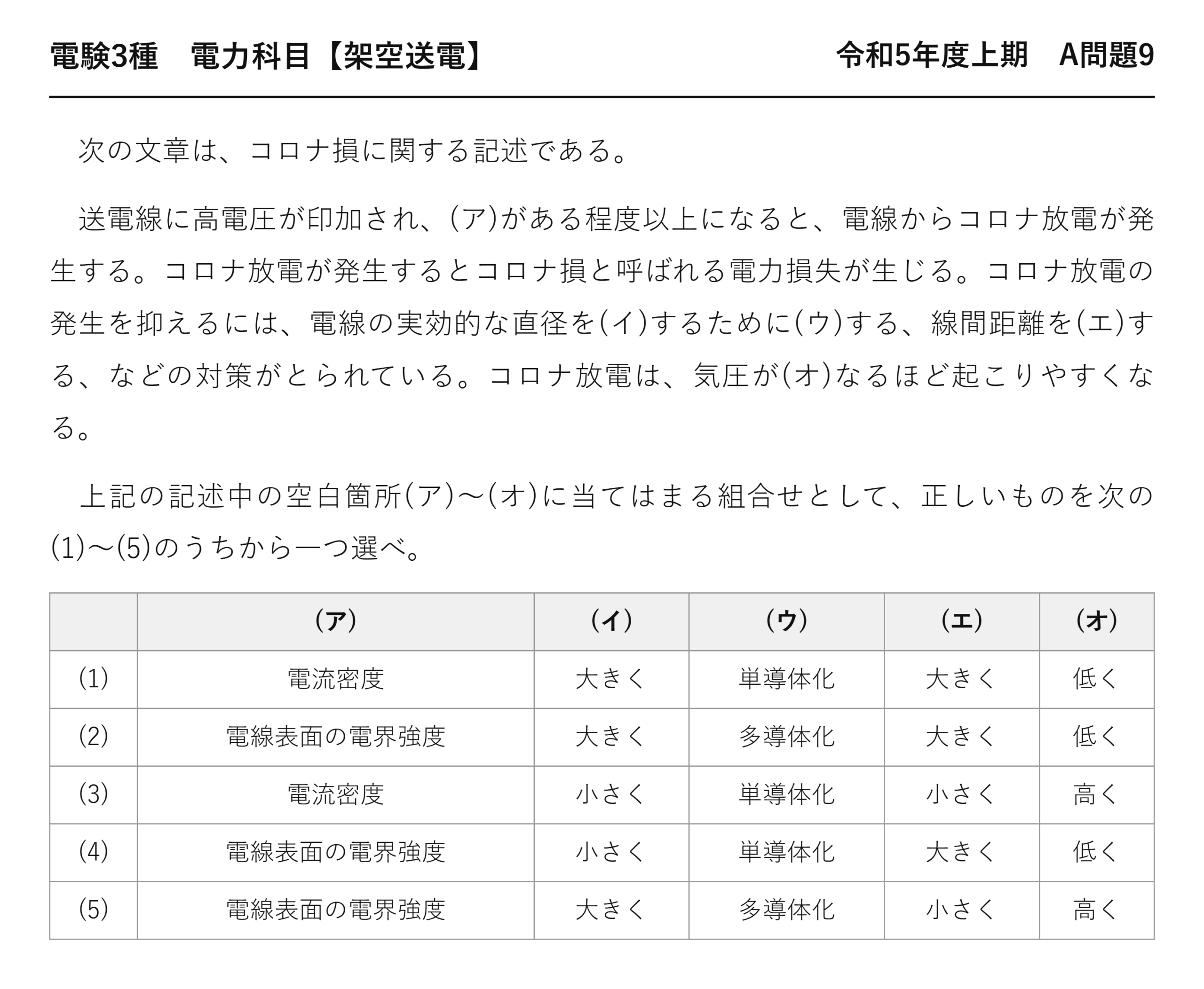 電験3種 電力科目 架空送電 令和5年度上期 A問題9 問題文