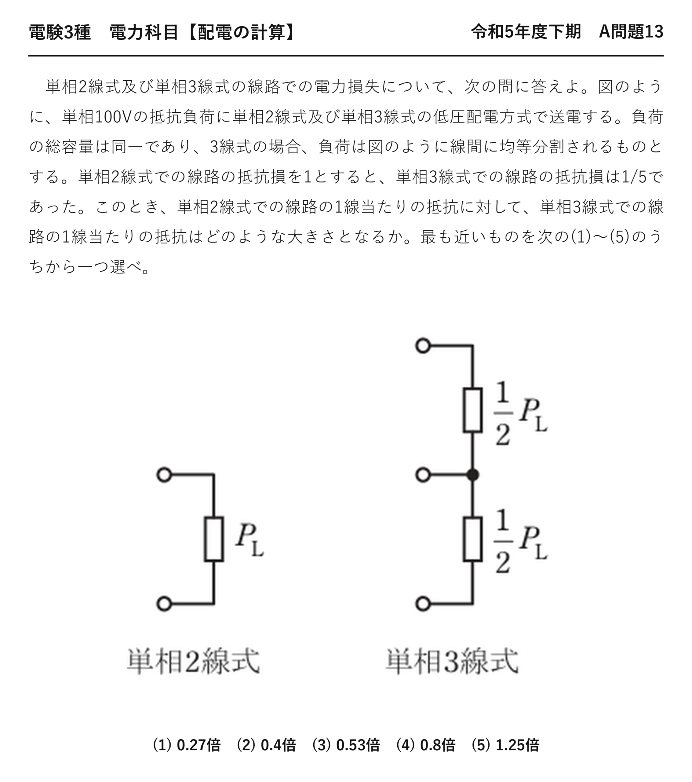 電験3種 電力科目 配電 令和5年度下期 A問題13 問題文