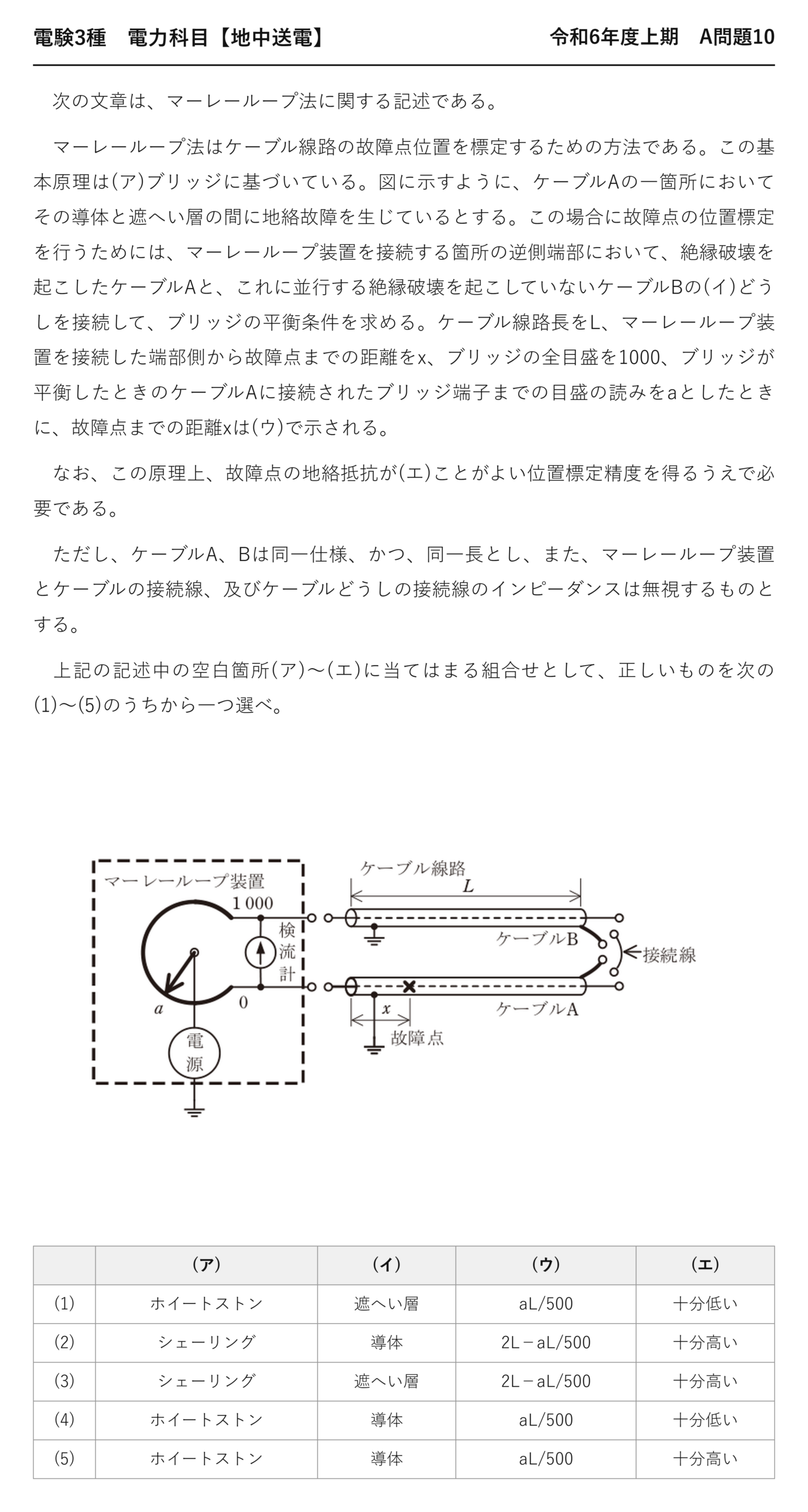 電験3種 電力科目 地中送電 令和6年度上期 A問題10 問題文