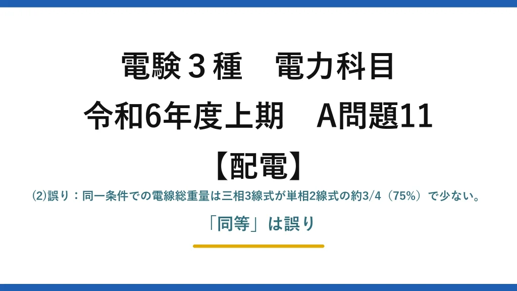 電験3種 電力科目【配電】令和6年度上期 A問題11 (2)誤り：同一条件での電線総重量は三相3線式が単相2線式の約3/4（75%）で少ない。「同等」は誤り