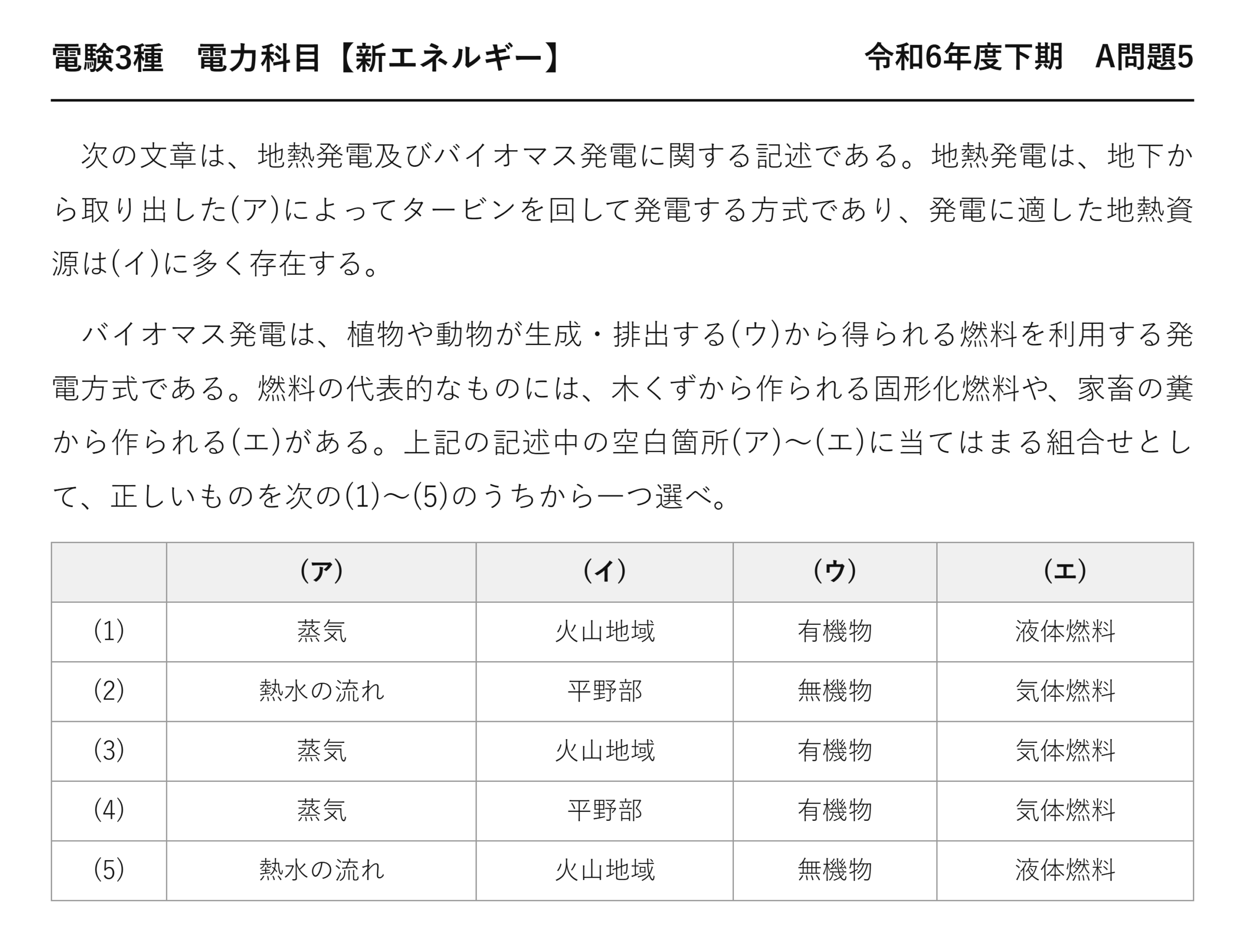 電験3種 電力科目 新エネルギー 令和6年度下期 A問題5 問題文