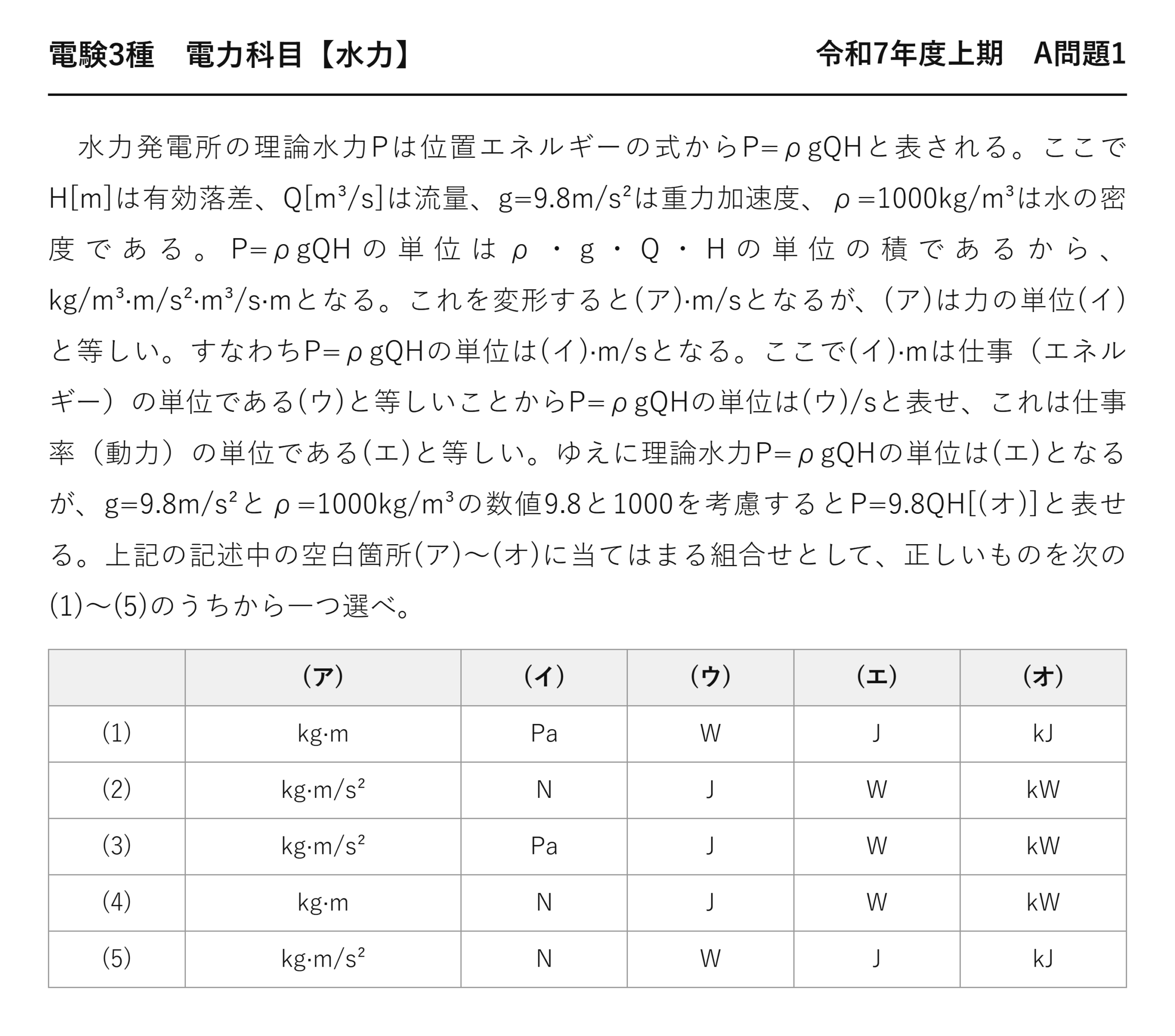 電験3種 電力科目 水力 令和7年度上期 A問題1 問題文