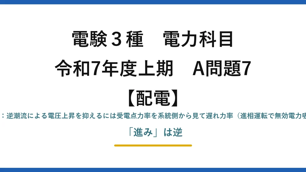 電験3種 電力科目【配電】令和7年度上期 A問題7 (3)誤り：逆潮流による電圧上昇を抑えるには受電点力率を系統側から見て遅れ力率（進相運転で無効電力吸収）。「進み」は逆