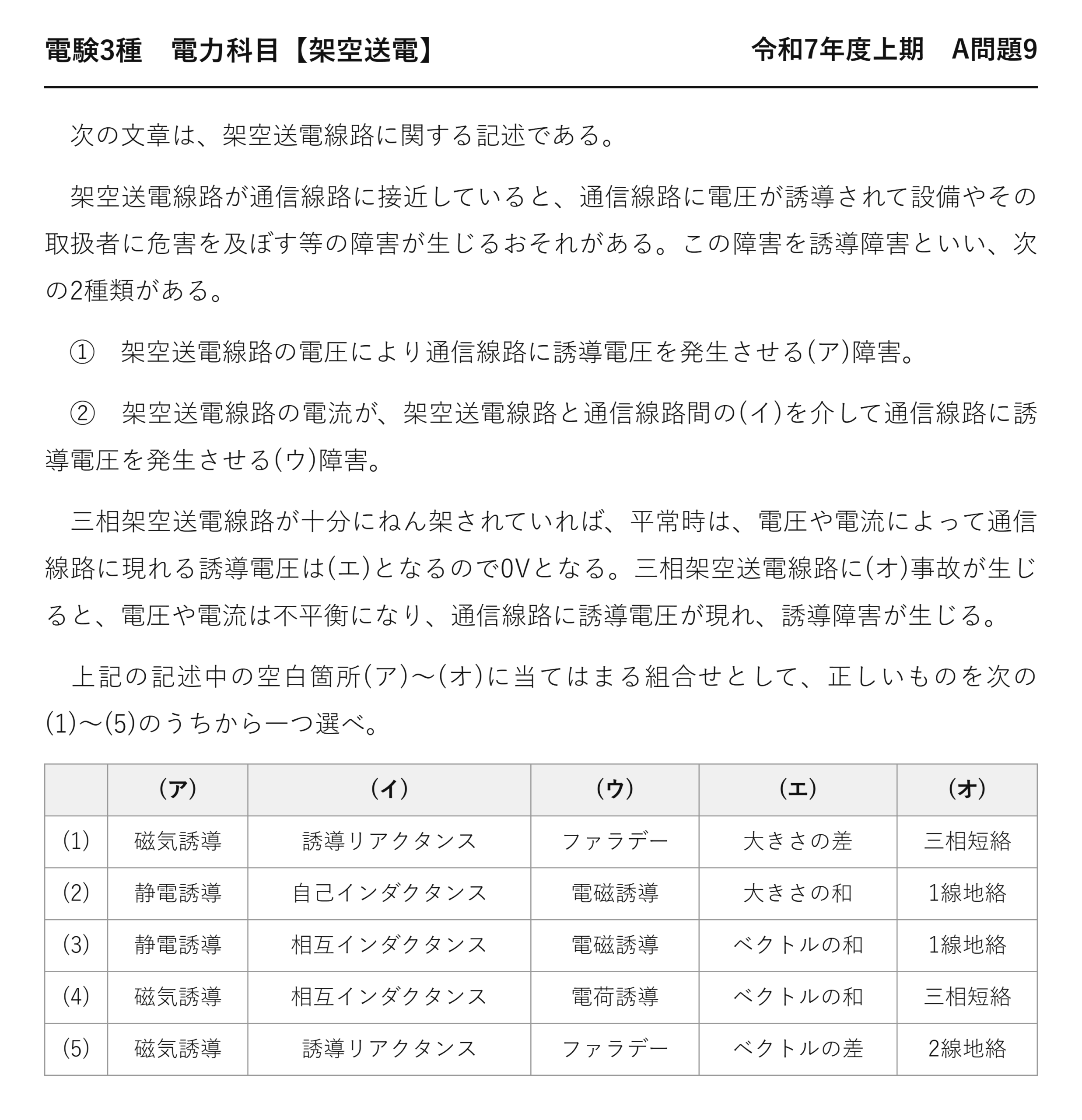 電験3種 電力科目 架空送電 令和7年度上期 A問題9 問題文