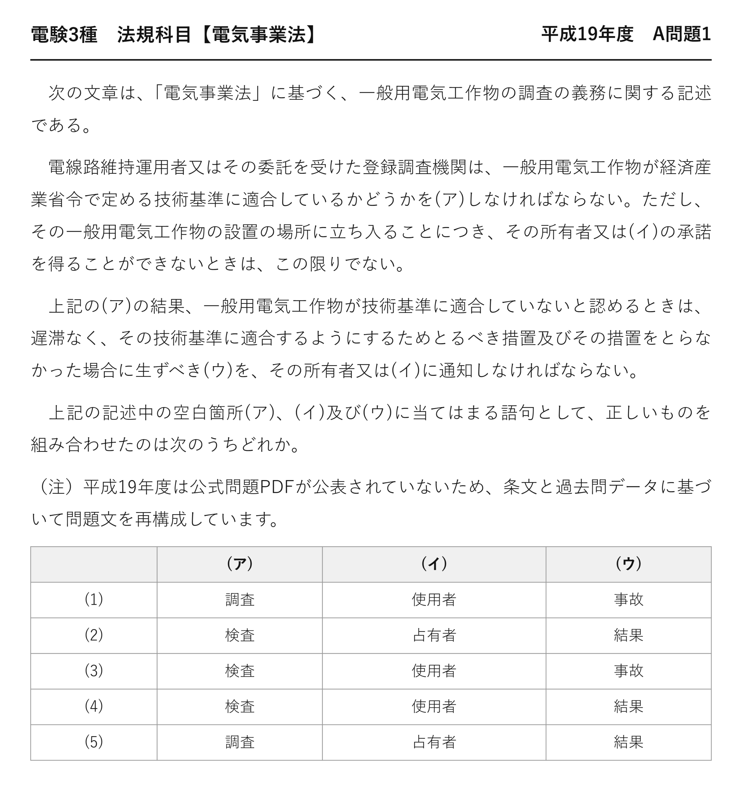 電験3種 法規科目 配電 平成19年度 A問題1 問題文