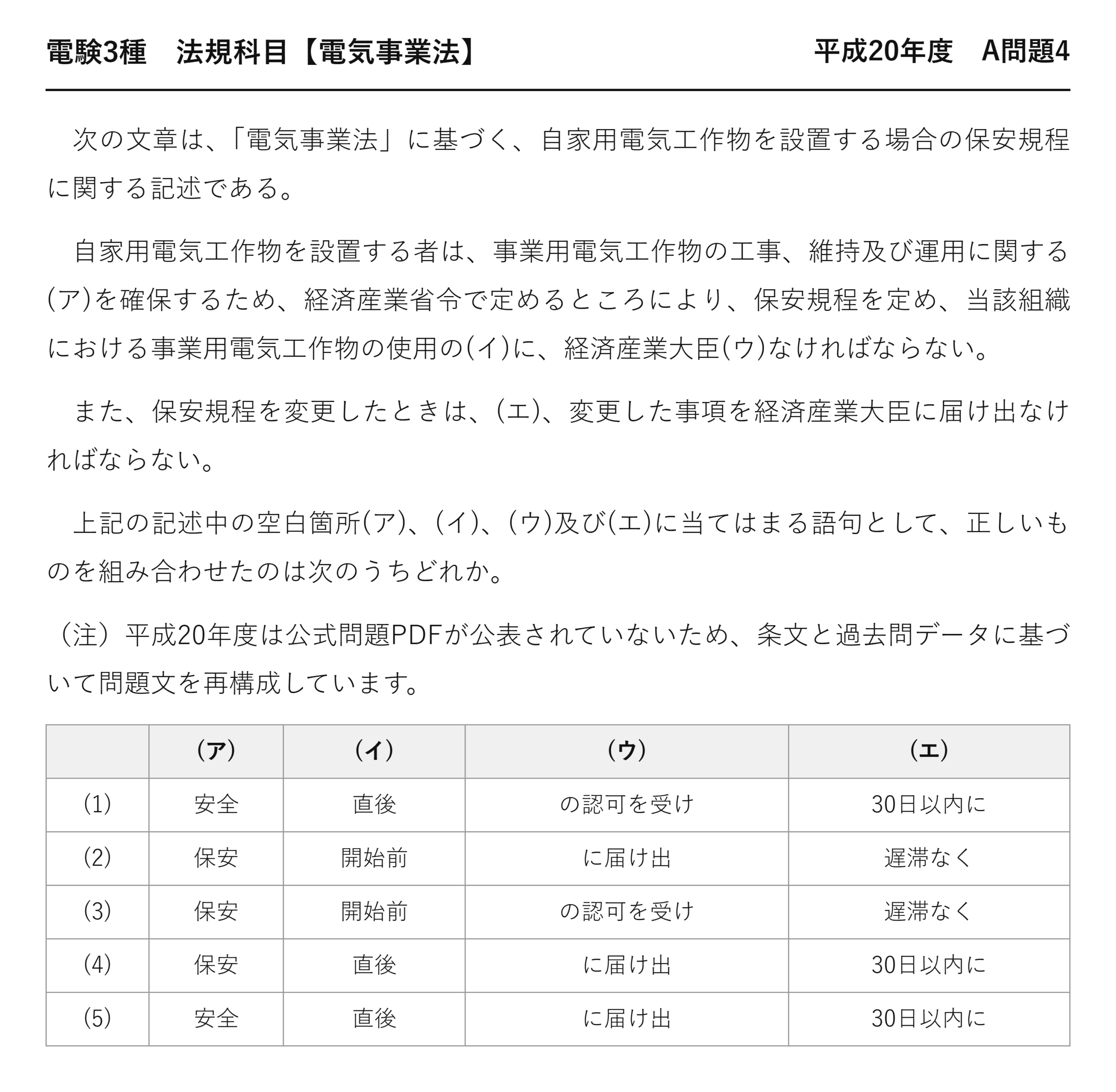 電験3種 法規科目 配電 平成20年度 A問題4 問題文