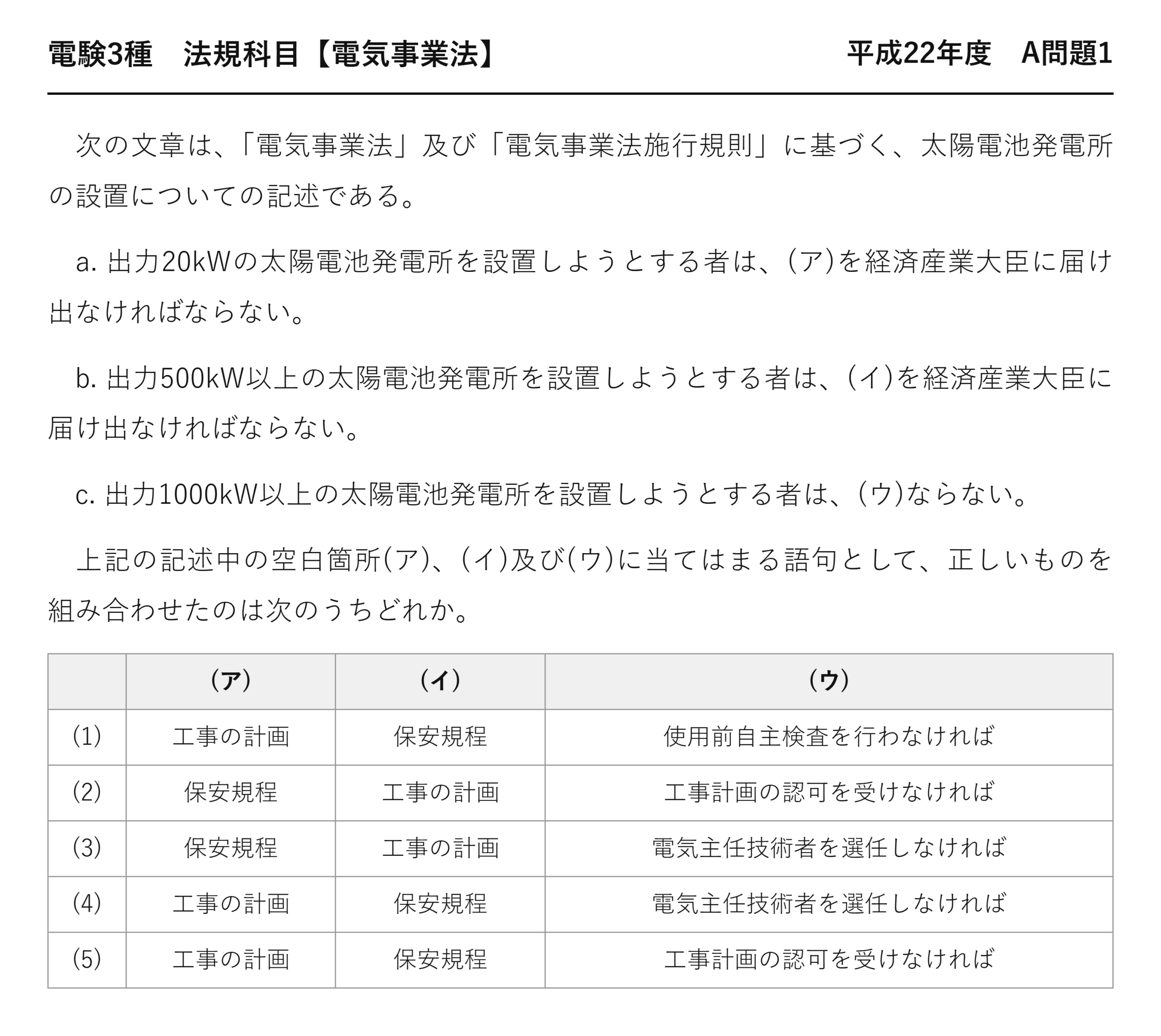 電験3種 法規科目 配電 平成22年度 A問題1 問題文