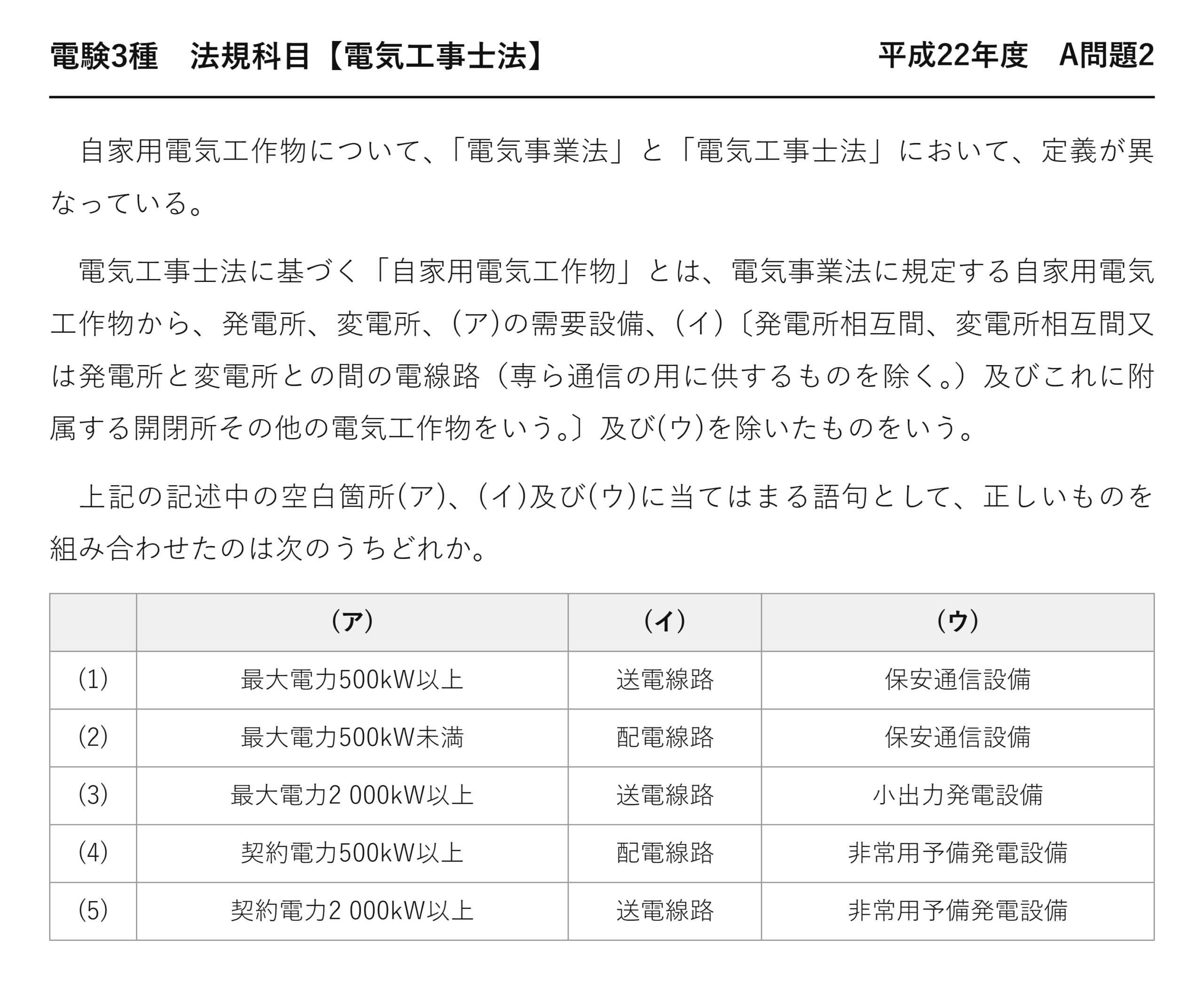 電験3種 法規科目 配電 平成22年度 A問題2 問題文