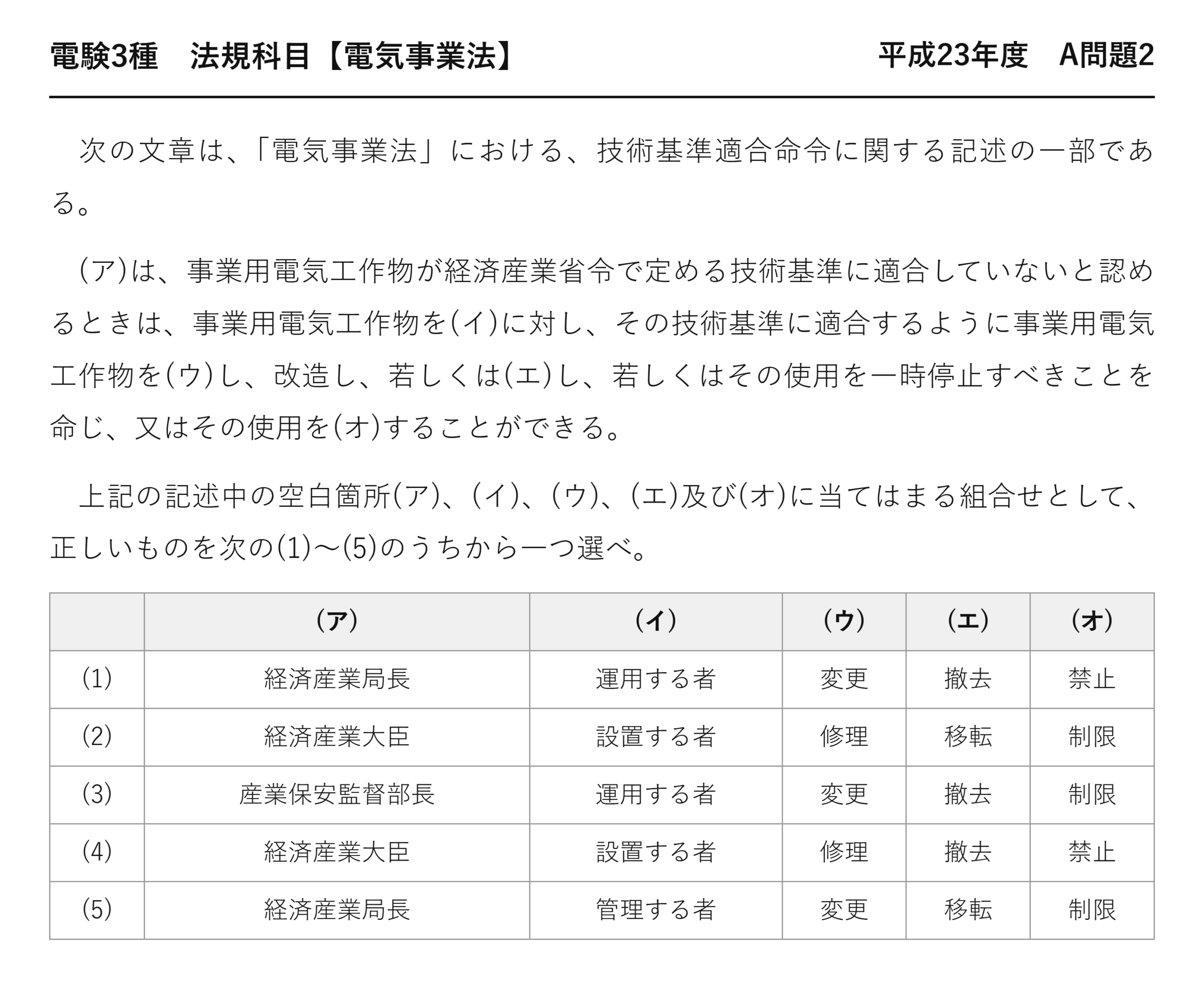 電験3種 法規科目 配電 平成23年度 A問題2 問題文