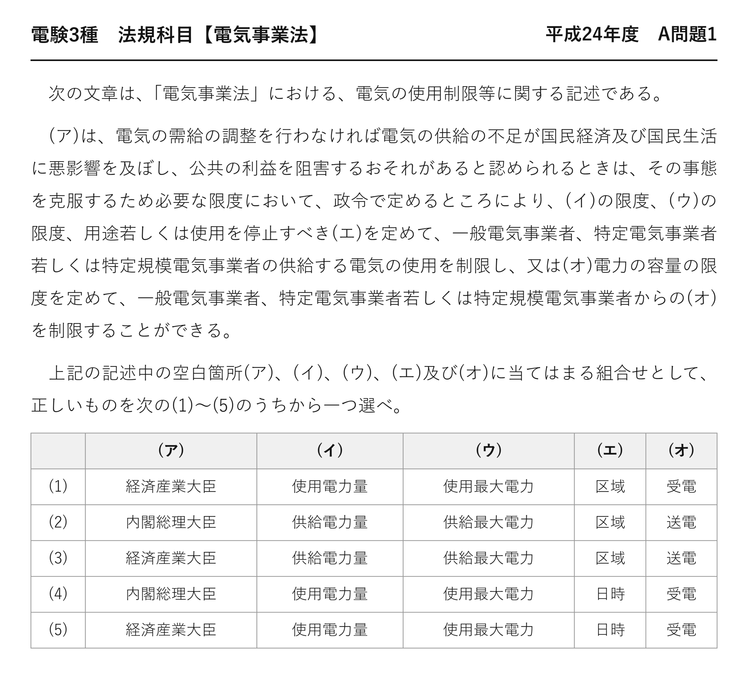 電験3種 法規科目 配電 平成24年度 A問題1 問題文