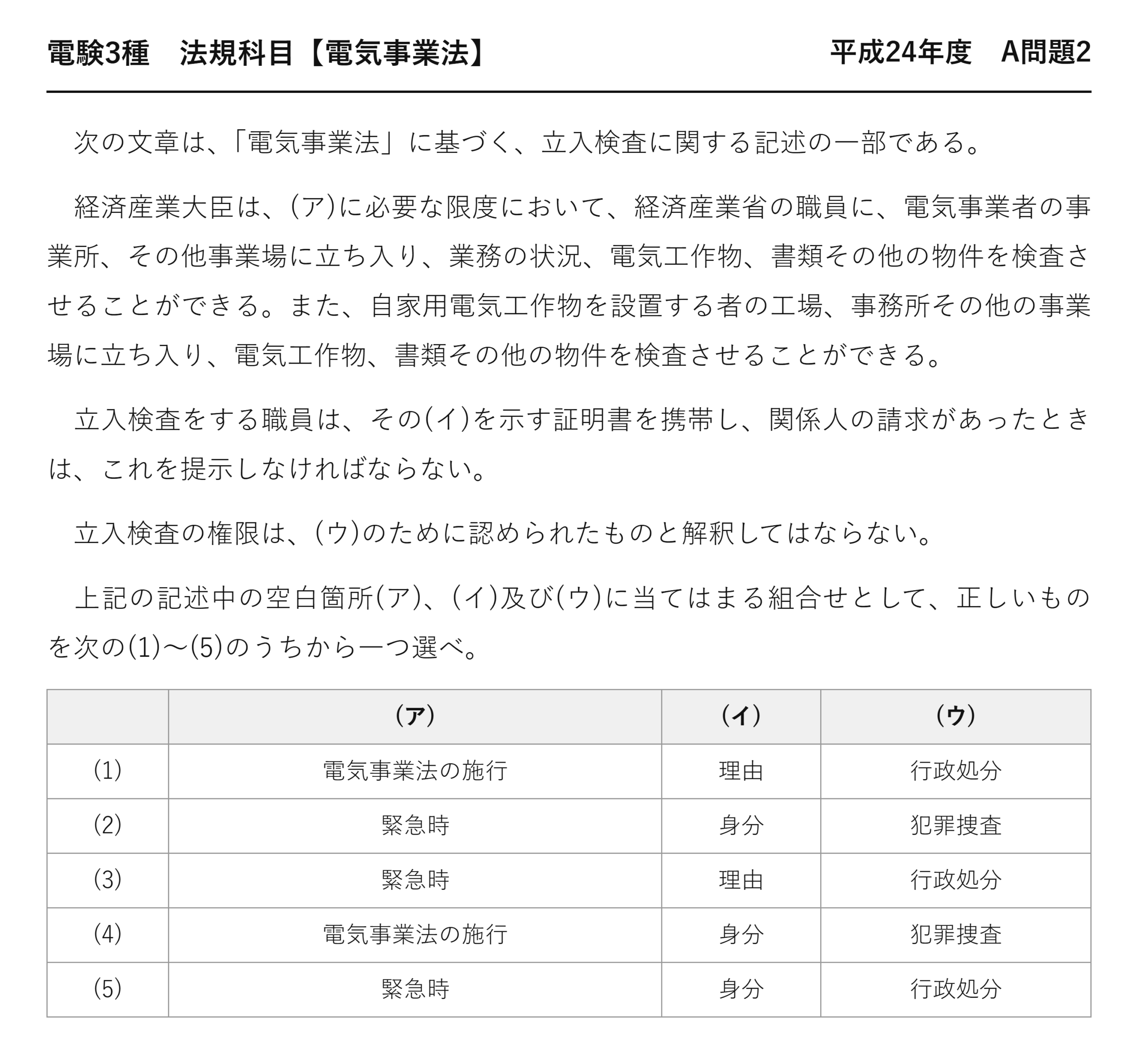 電験3種 法規科目 配電 平成24年度 A問題2 問題文